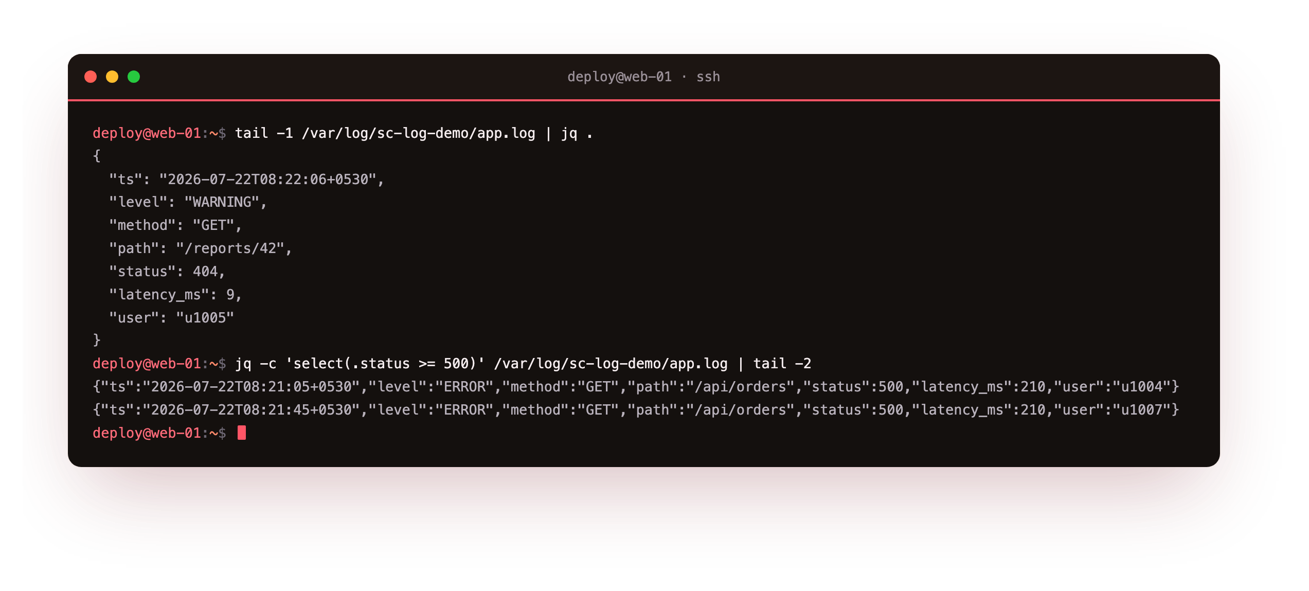 A JSON log record pretty-printed by jq showing named fields, then a jq select filter returning only the records whose status is 500 or higher, one compact object per line