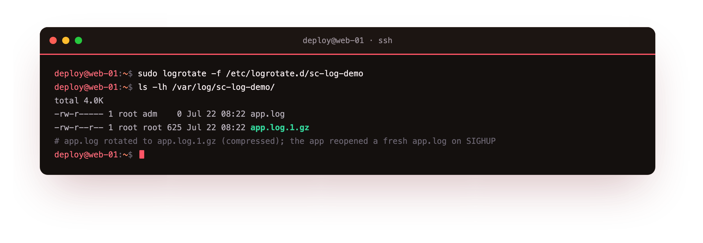 A forced logrotate run followed by a directory listing showing app.log back at zero bytes and a new compressed app.log.1.gz owned root:adm at mode 640