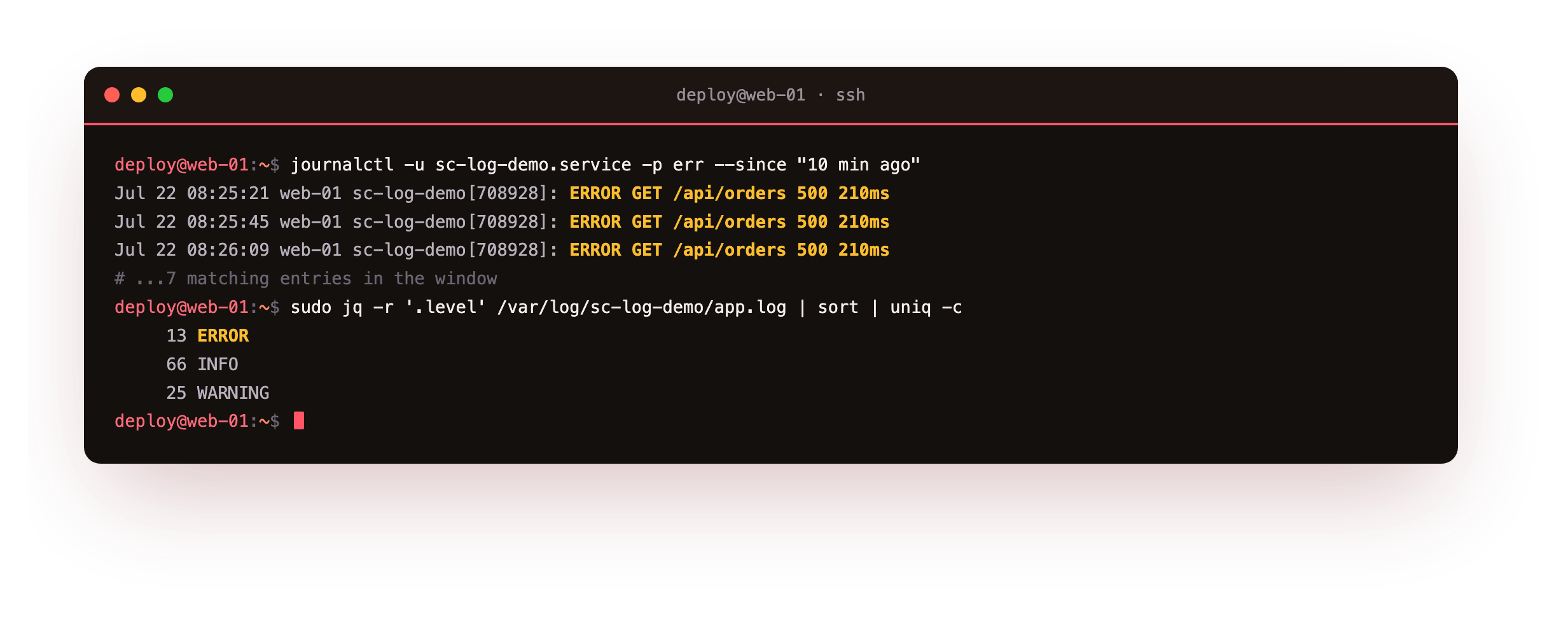 journalctl returning the error-priority entries for the sc-log-demo service in the last ten minutes, then a jq count of the JSON file grouping records by level into ERROR, INFO and WARNING totals