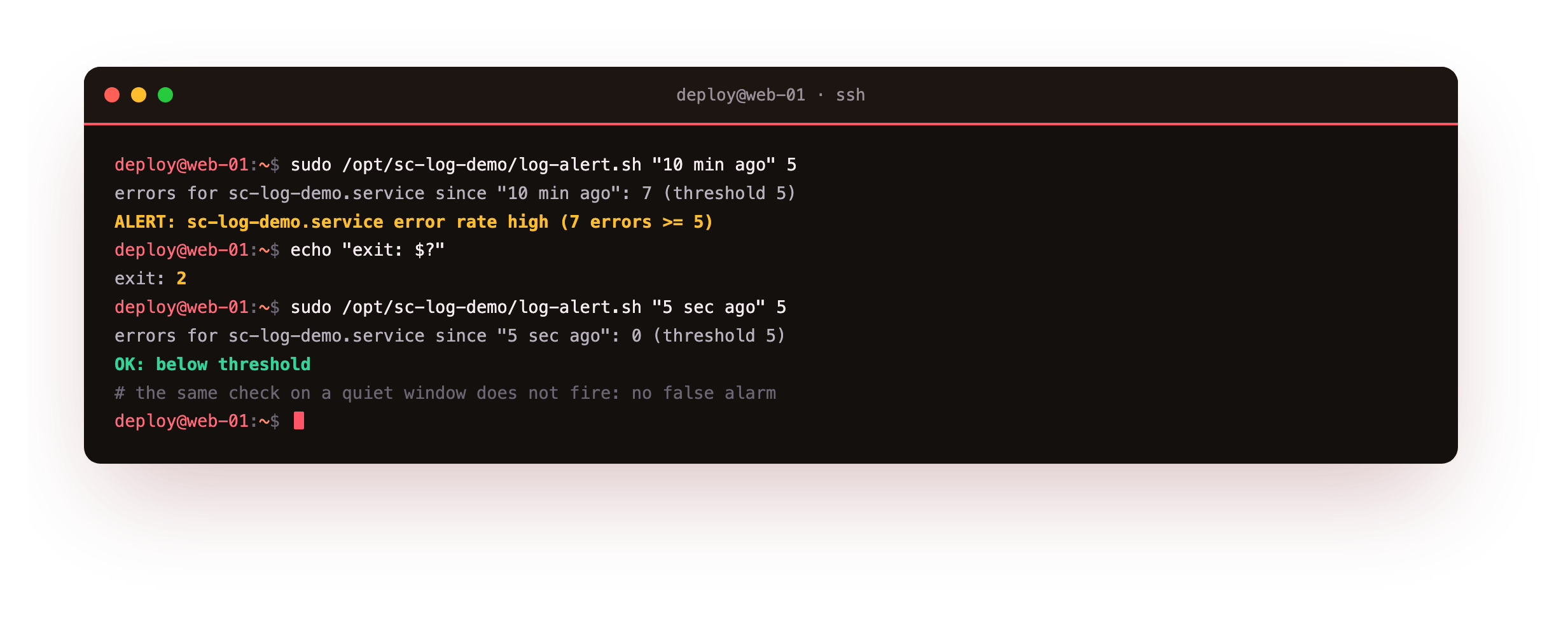 The alert script counting seven errors over ten minutes, printing the ALERT line and exiting 2, then counting zero over a five-second window and reporting OK below threshold
