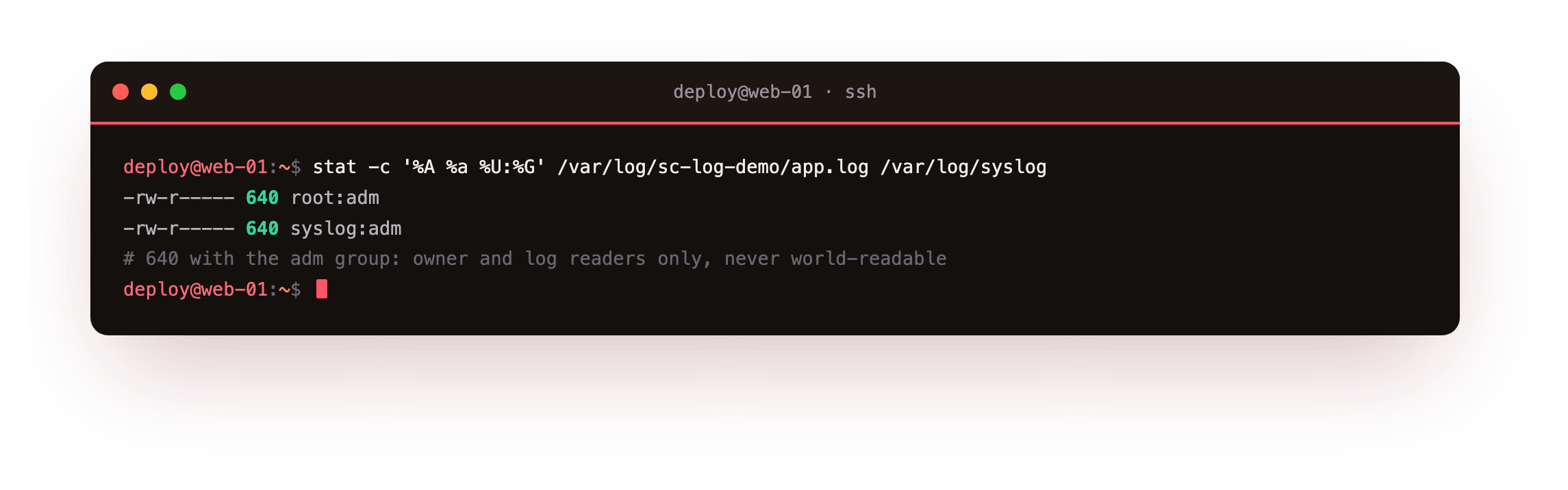stat reporting the demo log and /var/log/syslog both at mode 640 owned by the adm group, so only the owner and log readers can read them and no other user can