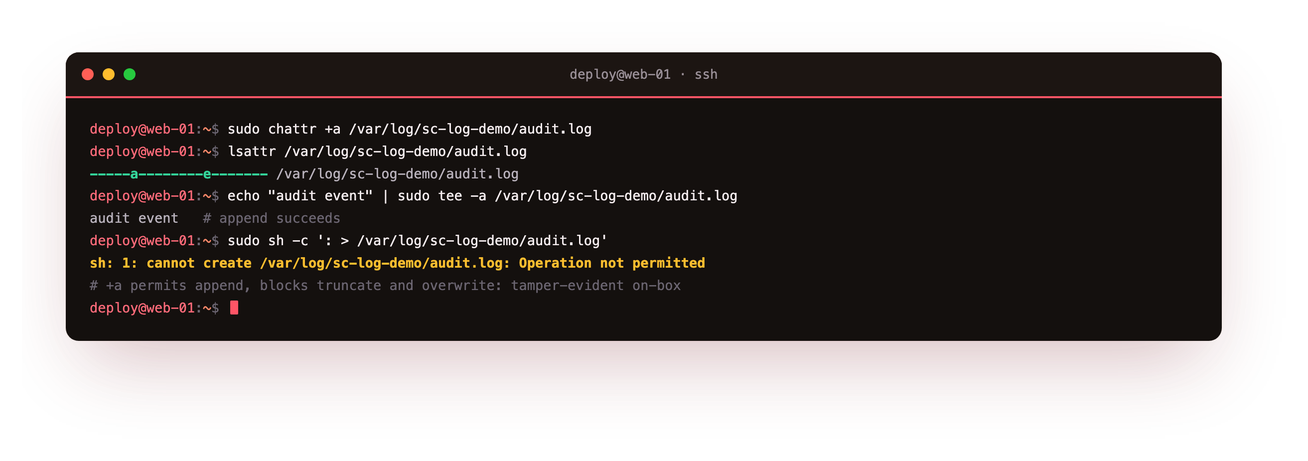 The append-only attribute set on an audit log, an append succeeding, and a truncate refused with operation not permitted, making the file tamper-evident on the host