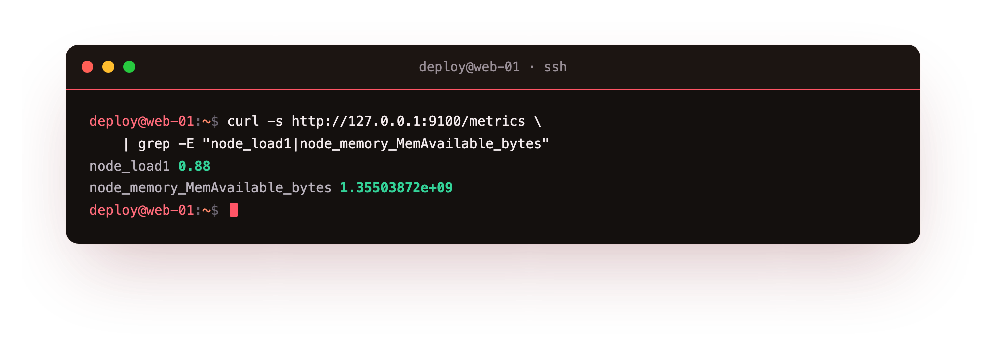 node_exporter publishing live metrics: load, memory, disk
