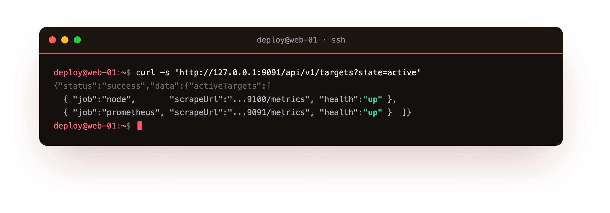 Both scrape targets healthy: node and prometheus are up