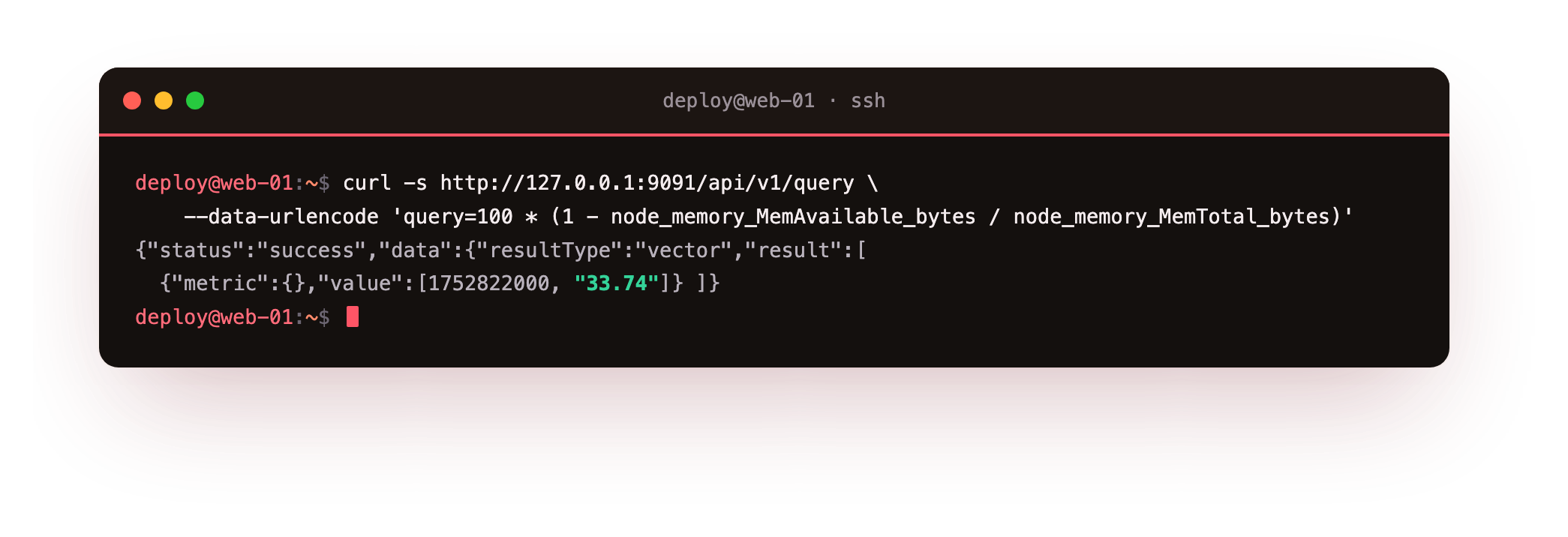 A PromQL query turns raw bytes into memory-used percent