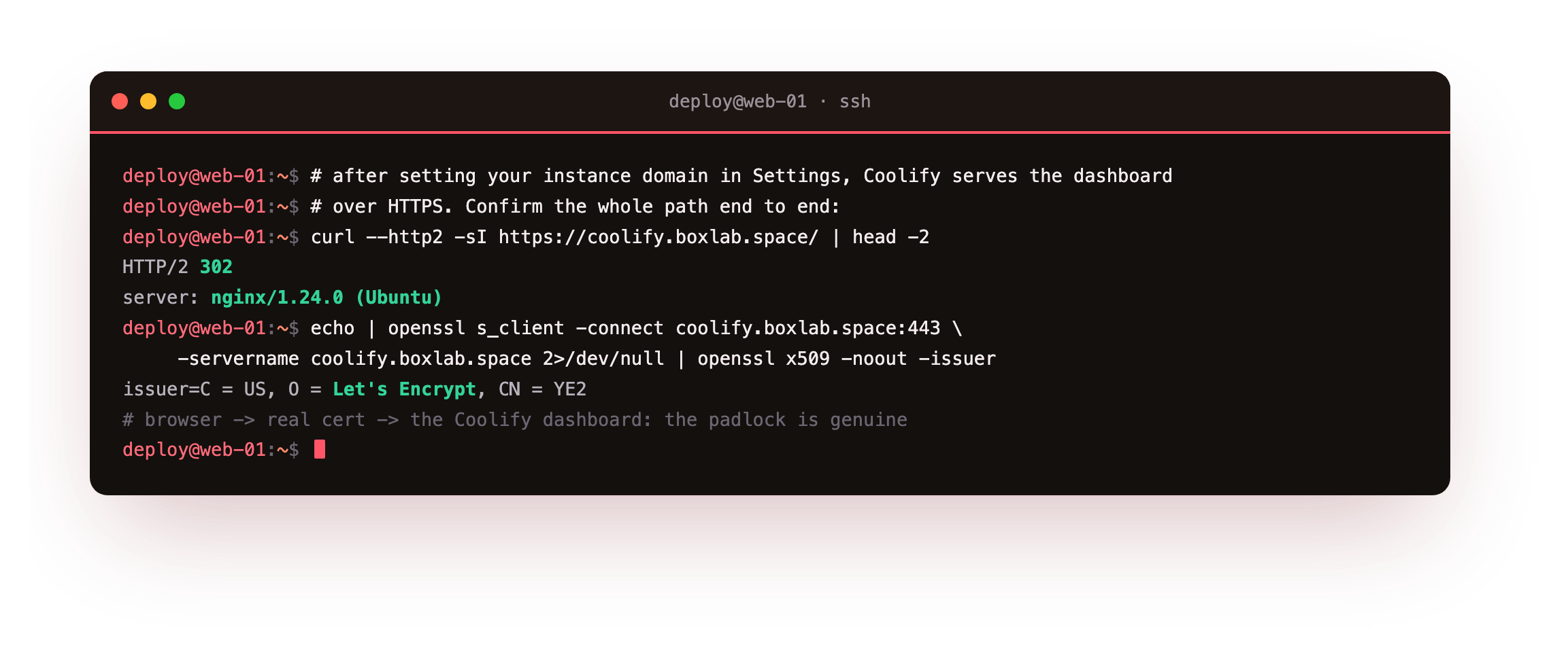 The dashboard over real HTTPS: curl returns HTTP/2 302 through nginx and openssl confirms the served certificate is a genuine Let's Encrypt certificate, so the padlock is real