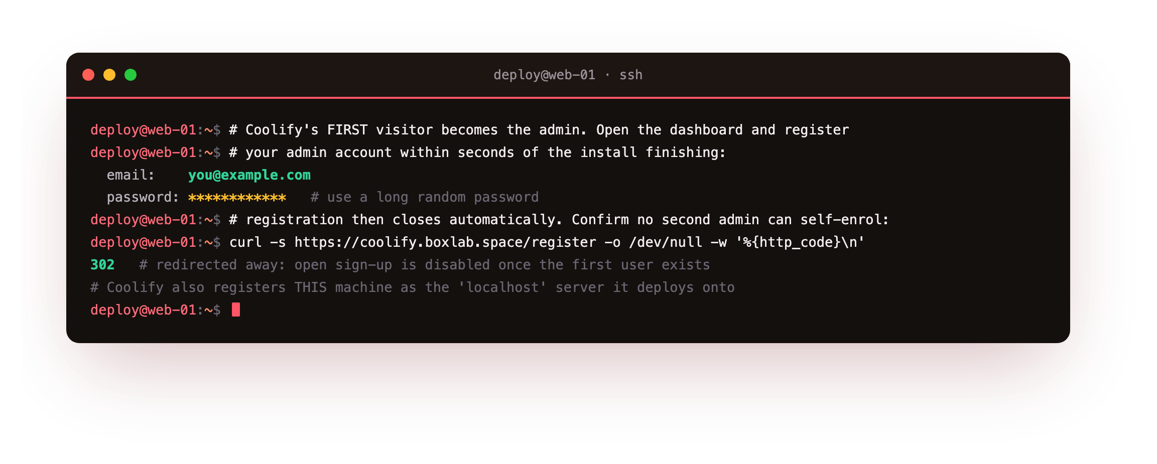 First login done right: register the admin within seconds of the install finishing, after which open sign-up closes automatically (the register page now redirects away), and Coolify registers this machine as its localhost server