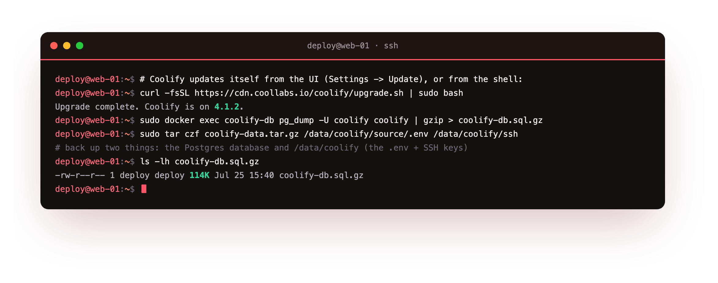 Keeping it running: Coolify updates itself from the UI or a one-line upgrade script, and a backup captures the two things that matter, the Postgres database and /data/coolify with its env file and SSH keys
