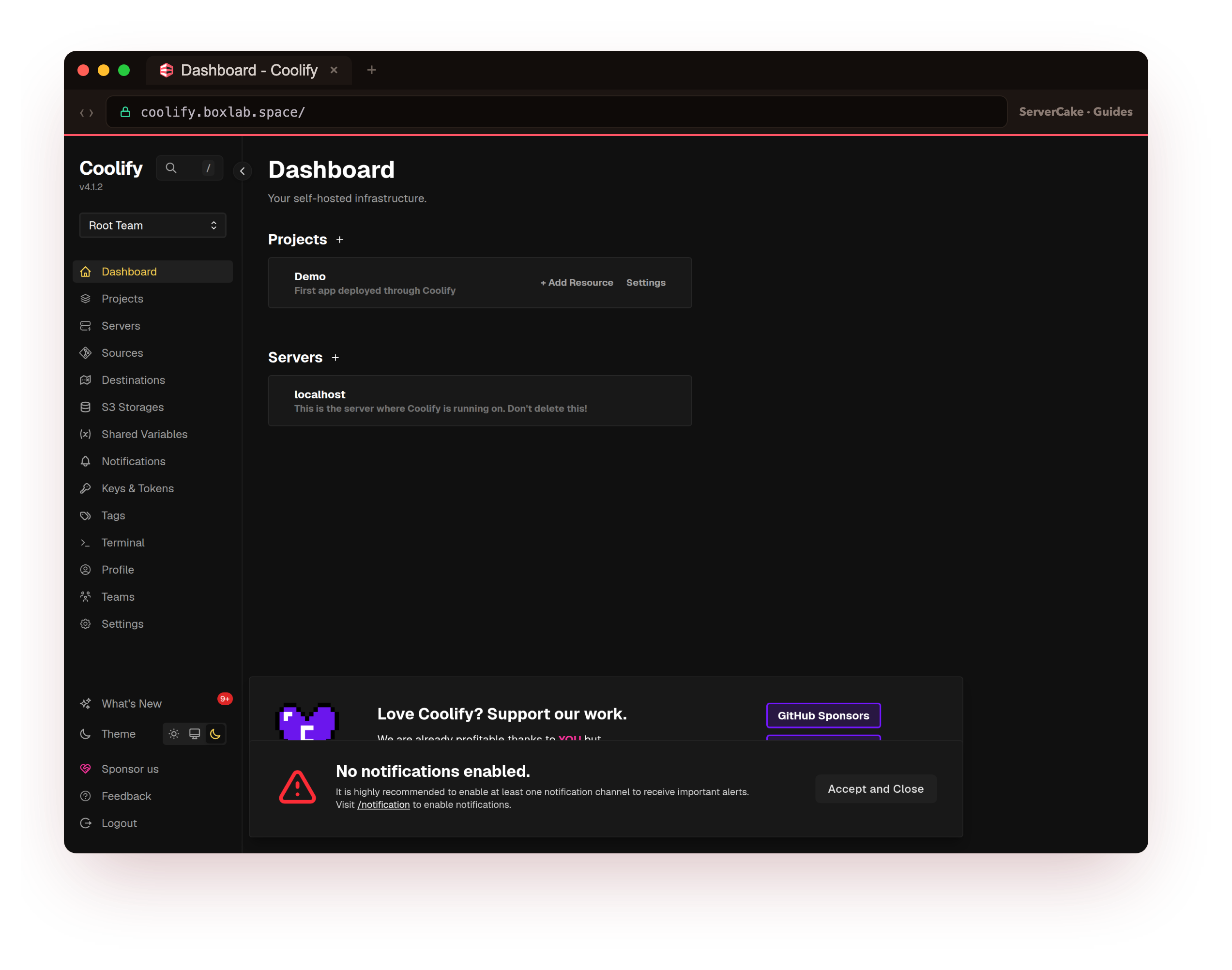 The real Coolify 4.1.2 dashboard at coolify.boxlab.space after signing in as the admin, showing the Demo project and the localhost server it manages, the control panel you run your own PaaS from
