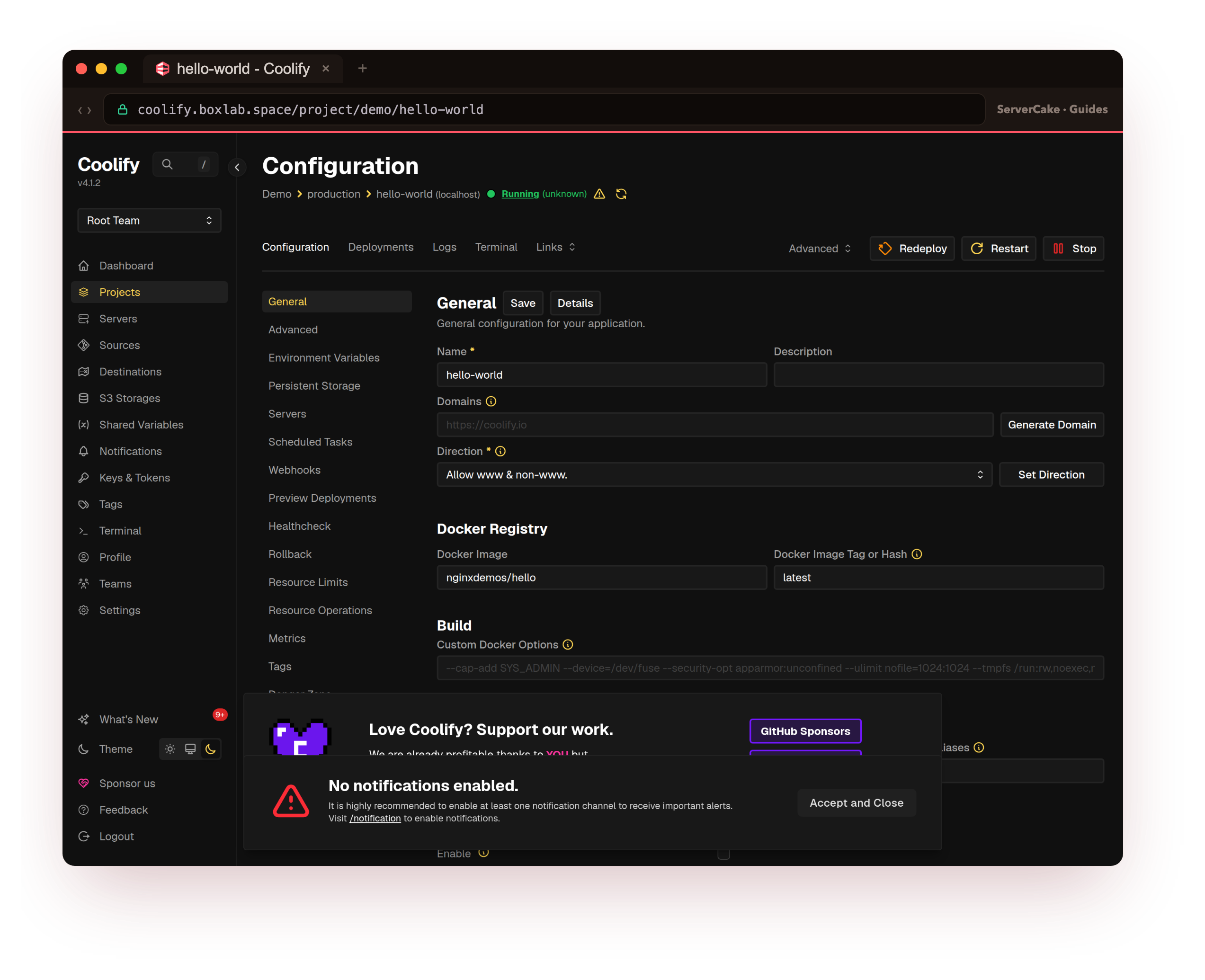The deployed hello-world application in the real Coolify UI at coolify.boxlab.space, its status a green Running, the nginxdemos/hello image and the Redeploy, Restart and Stop controls, proof the app is live inside Coolify