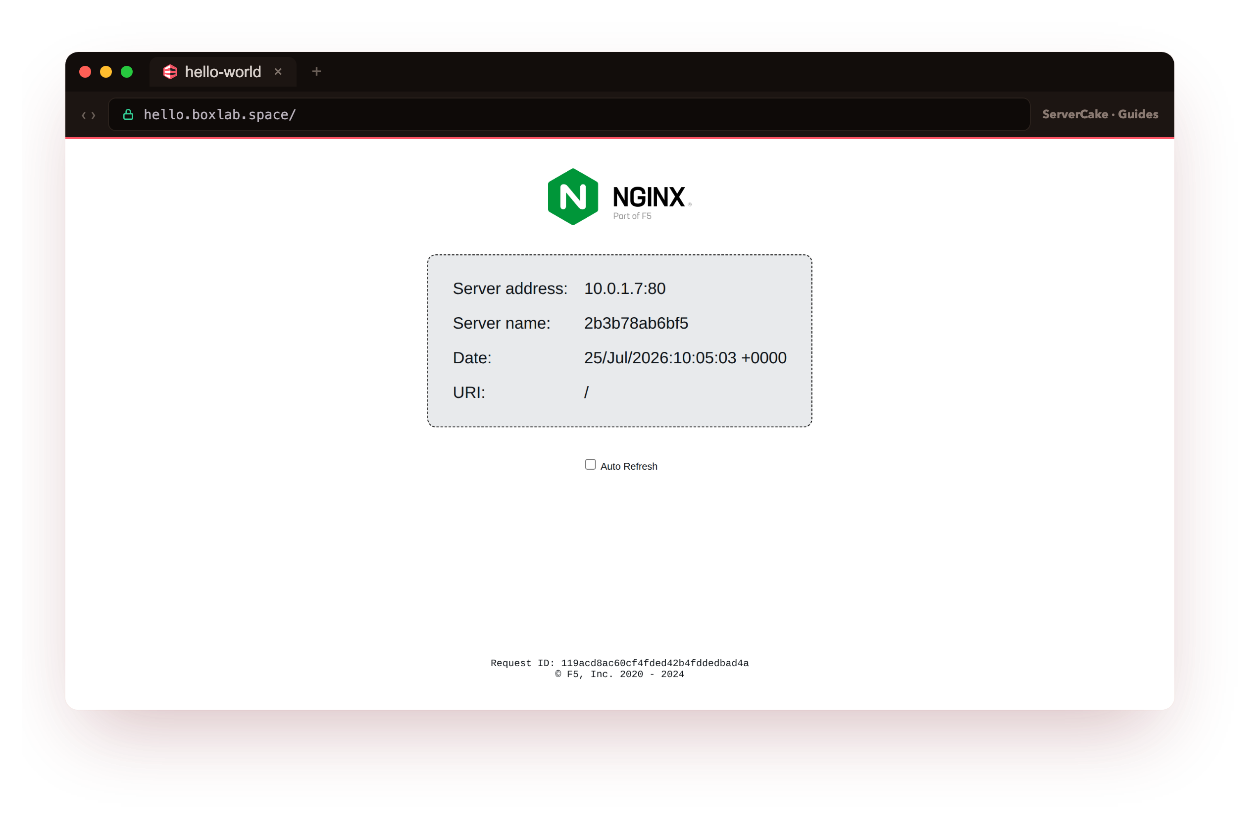 The deployed app itself, live in a browser over real HTTPS at hello.boxlab.space, serving the nginx hello page with its container name, the end result of deploying a first app through Coolify