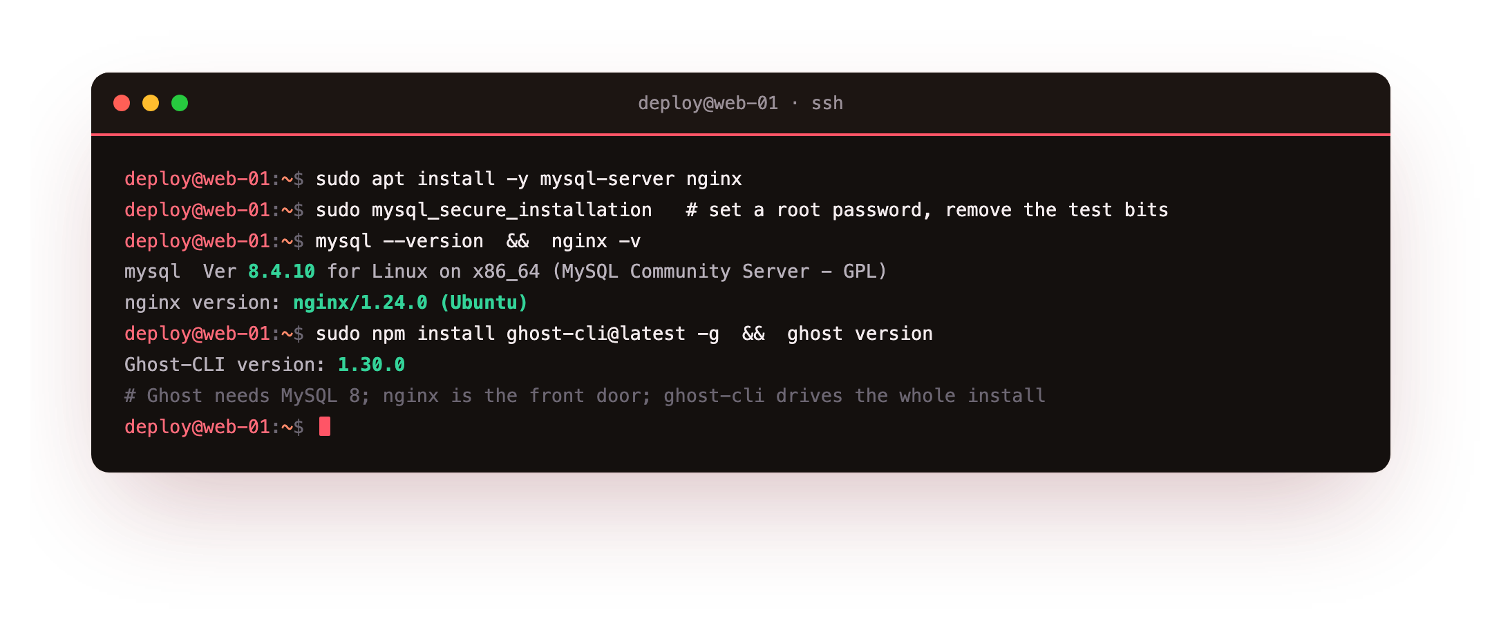 Installing the rest of the stack: MySQL 8.4.10 and nginx 1.24.0 from apt, securing MySQL, then installing the ghost command line tool globally with npm, ghost-cli version 1.30.0