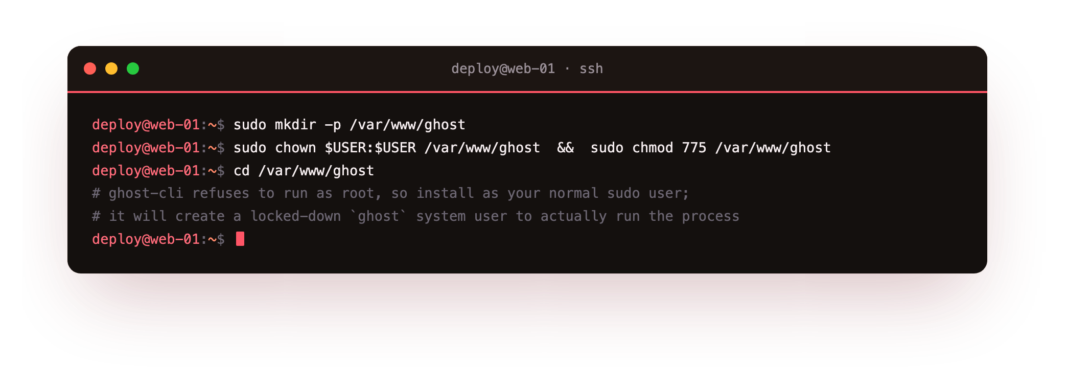 Creating the /var/www/ghost directory and handing it to your normal sudo user, because ghost-cli refuses to run as root and will create a locked-down ghost system user to run the process
