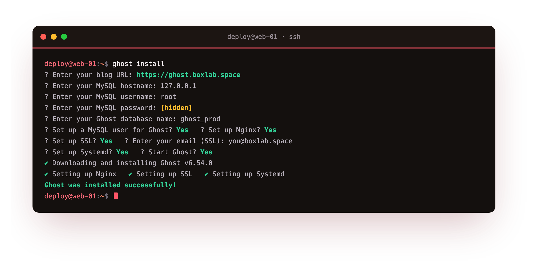Running ghost install and answering each prompt: the blog URL, the MySQL host, user, password and database name, then yes to the nginx, SSL and systemd setup, ending with Ghost was installed successfully