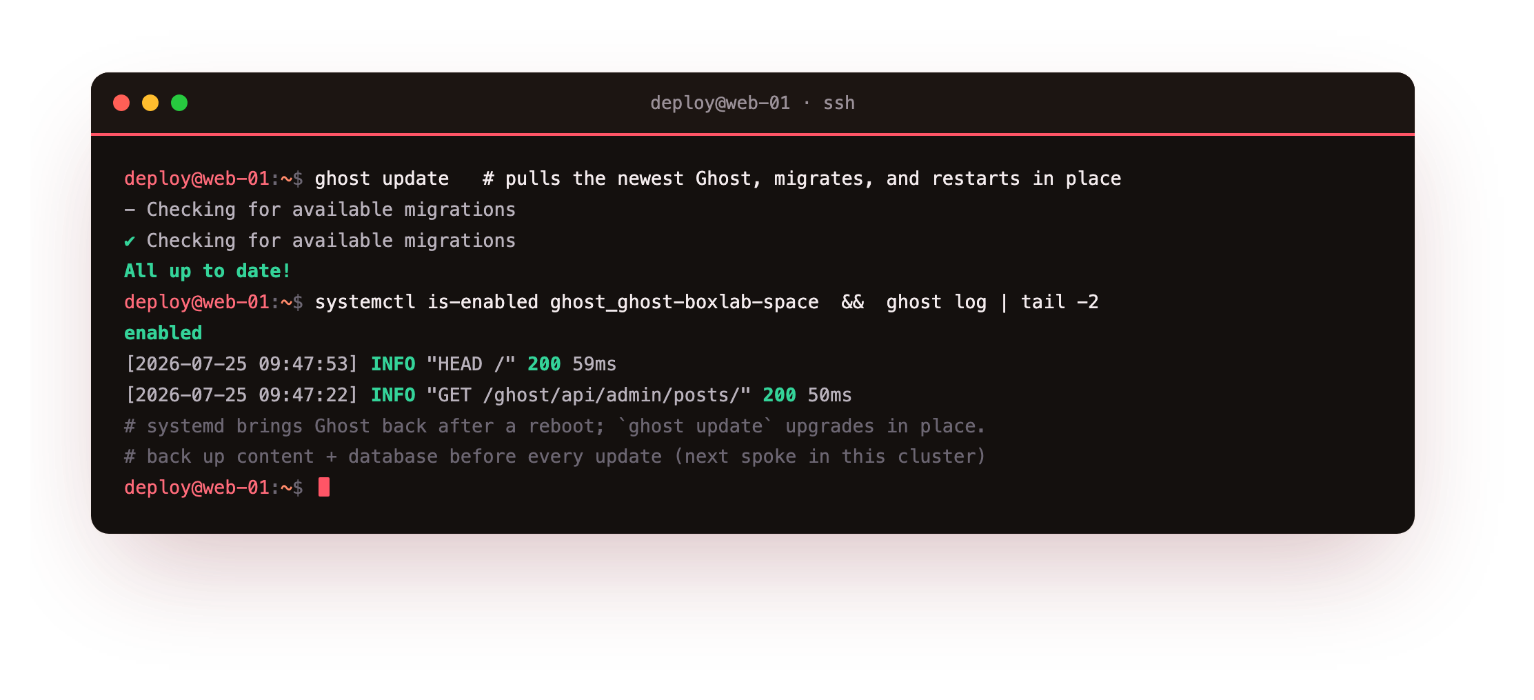 Keeping it running: ghost update checks for migrations and reports all up to date, the systemd unit is enabled so Ghost restarts after a reboot, and ghost log shows the instance answering requests