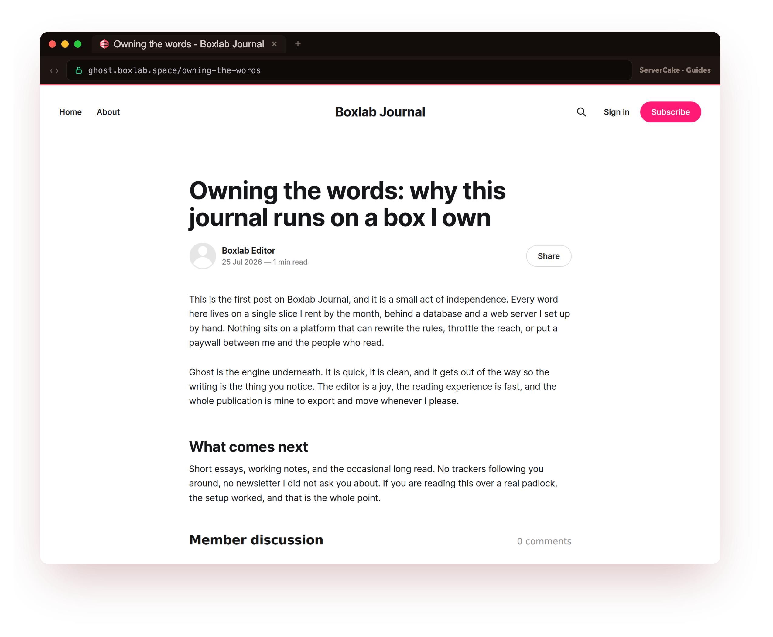 The published first post on the live Ghost front-end at ghost.boxlab.space over real HTTPS, the Source theme showing the title, byline and body of the post, the destination you are building toward