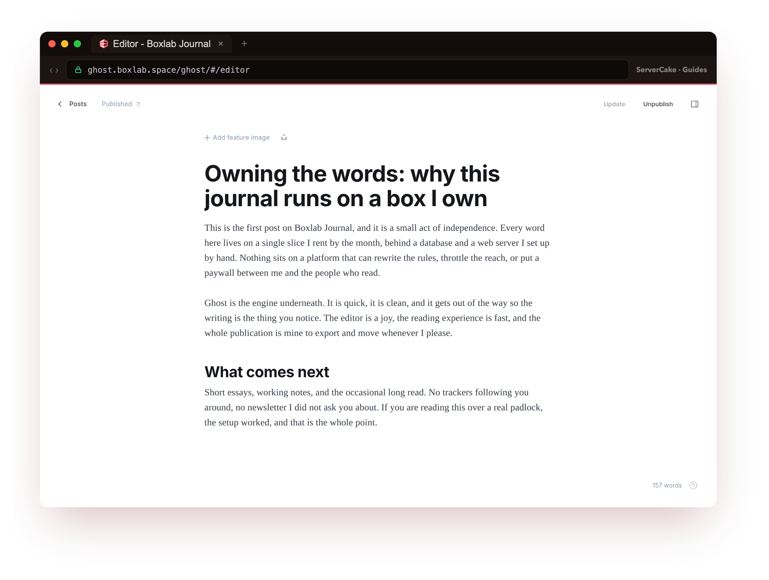 The same first post open in the real Ghost admin editor at ghost.boxlab.space, showing the title, the body content and the Update and Unpublish controls, the clean writing surface that is the point of Ghost