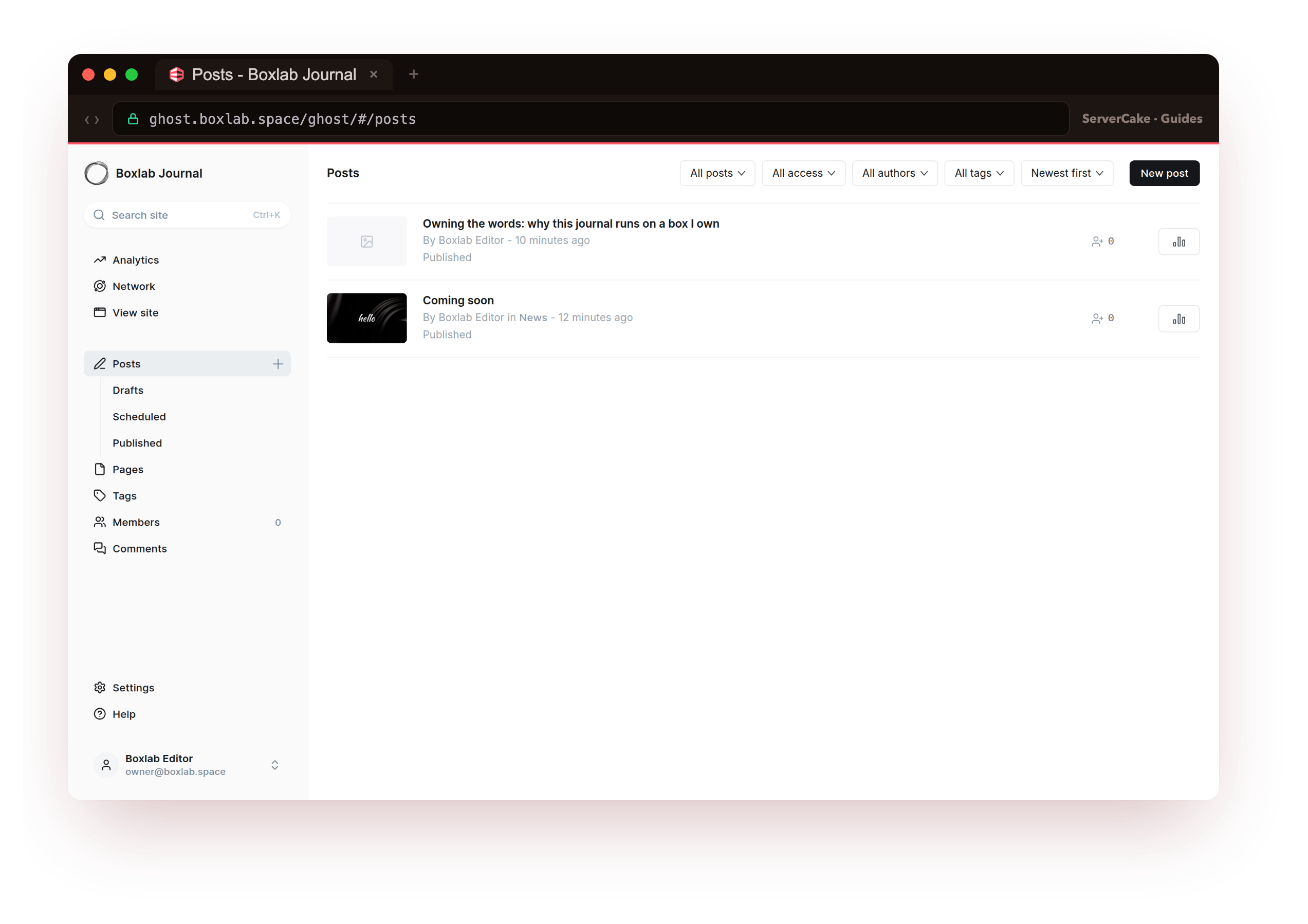 The Ghost admin posts list at ghost.boxlab.space showing the published first post and the default Coming soon post, the dashboard you manage the publication from once ghost-cli finishes the install