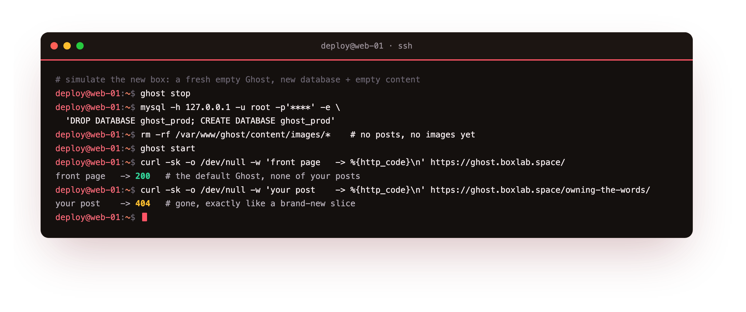 Simulating the new slice in the migrate drill: stopping Ghost, dropping and recreating an empty database, clearing the uploaded images, and starting Ghost, after which a curl of the front page returns HTTP 200 showing the default Ghost welcome content while the real post returns HTTP 404, the blank state a migration has to fill