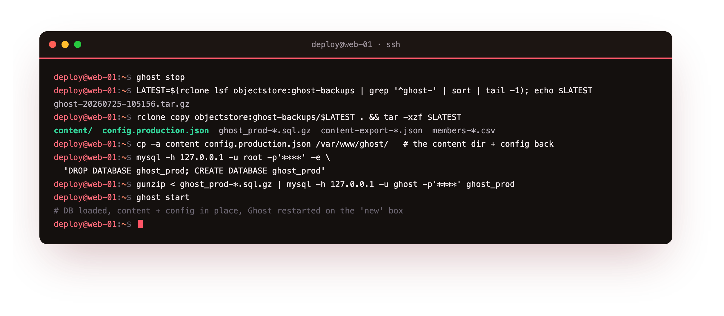 Restoring from the offsite copy: rclone pulling the newest archive out of the ghost-backups bucket, tar extracting the content directory, config, SQL dump and exports, copying the content directory and config back into place, then reloading the database dump with gunzip piped into mysql before starting Ghost on the fresh box