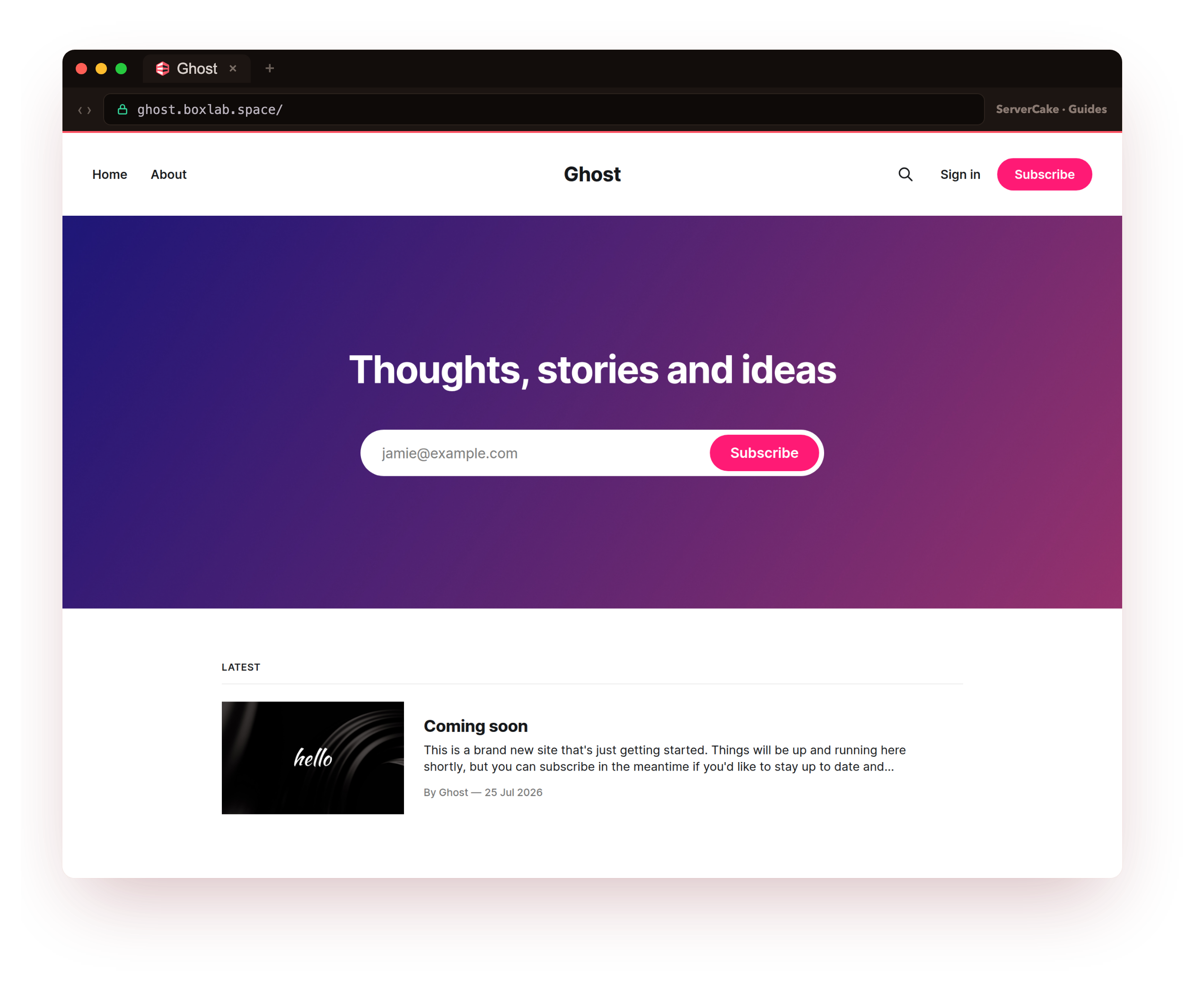 The fresh empty slice at ghost.boxlab.space over real HTTPS: a brand-new Ghost with its default Thoughts, stories and ideas front page and the default Coming soon post, none of the Boxlab Journal content, the blank box the migration restores onto, framed in the ServerCake browser chrome
