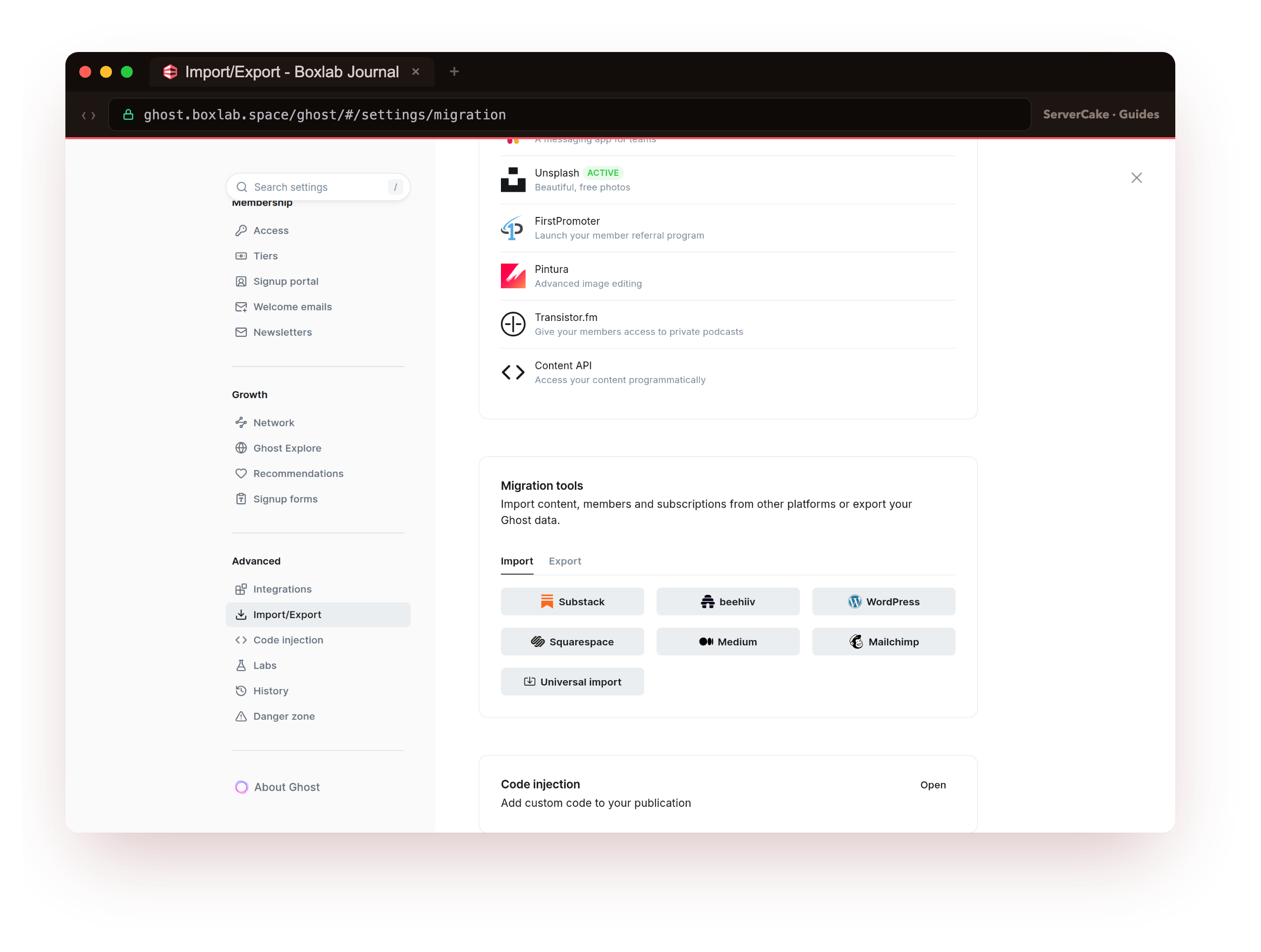 The Ghost admin migration screen at ghost.boxlab.space over real HTTPS: Settings, Import/Export showing the Migration tools card with Import and Export tabs, where a publication's content JSON and members CSV are exported, the portable copies a full backup captures alongside the database