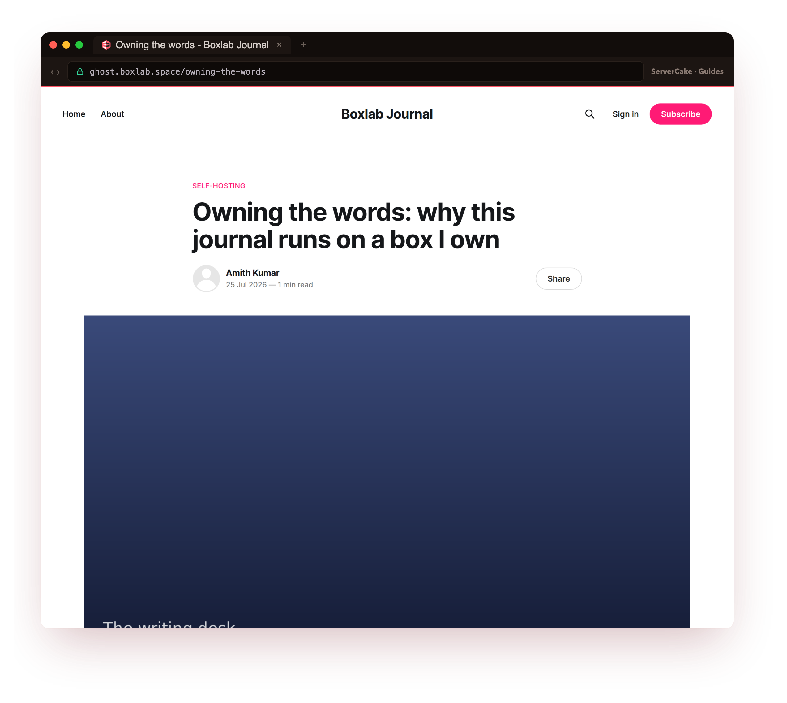 The restored post on the live front-end at ghost.boxlab.space over real HTTPS: Owning the words, why this journal runs on a box I own, back on the Boxlab Journal front page with its Self-hosting tag, author byline and feature image rendering, restored onto a fresh slice from nothing but the offsite archive