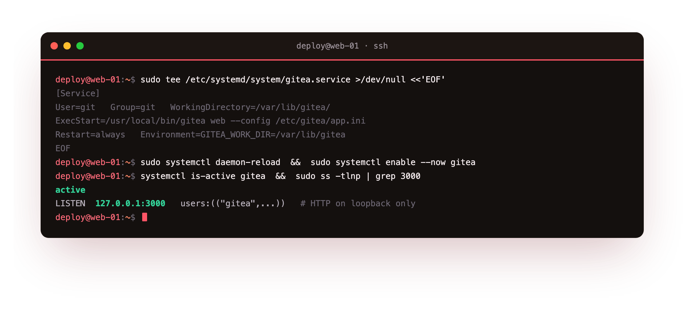 Registering the systemd unit and starting Gitea: systemctl reports the service active, and ss shows Gitea listening on 127.0.0.1:3000, on loopback only, never exposed to the internet