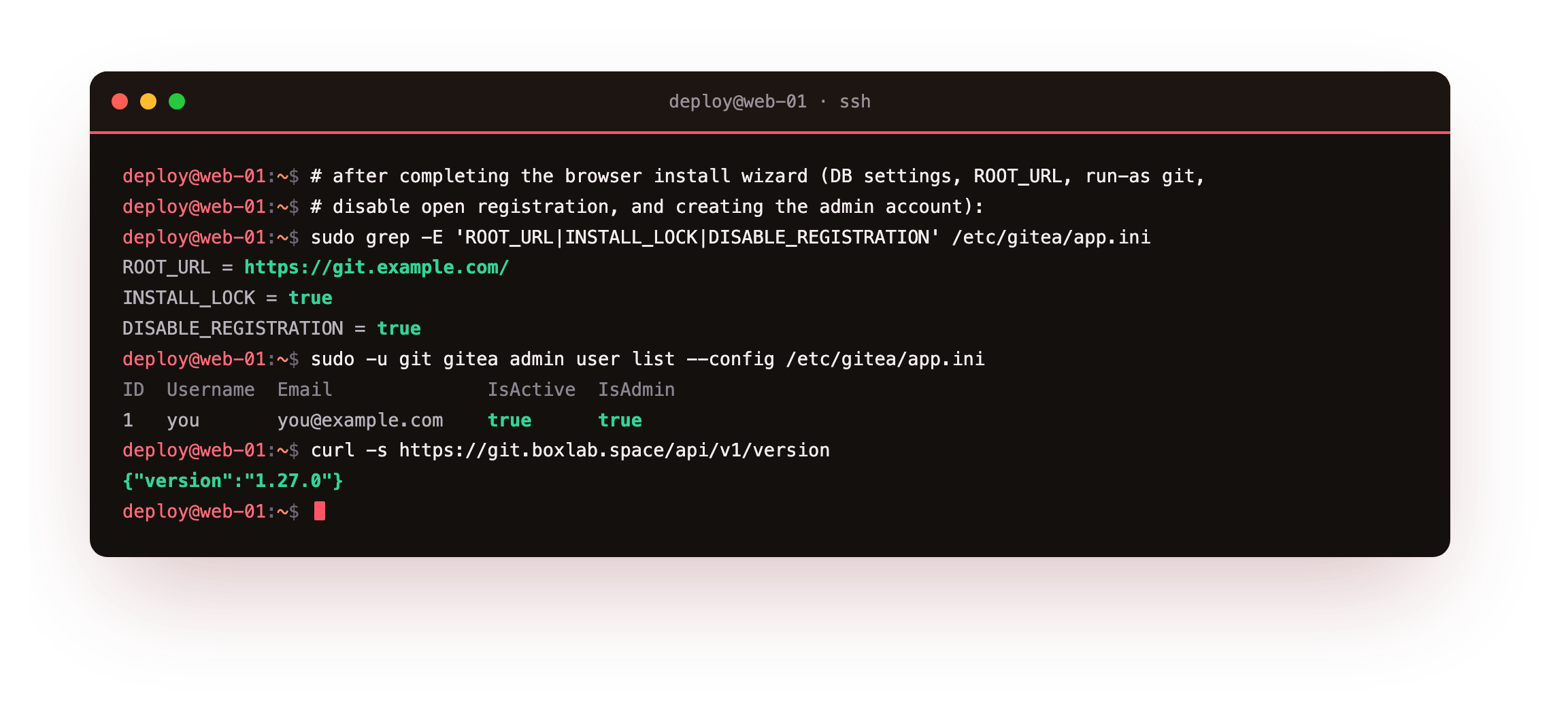 Confirming the install wizard completed: app.ini shows the ROOT_URL, INSTALL_LOCK true and DISABLE_REGISTRATION true, the admin user list shows the active admin account, and the API reports Gitea version 1.27.0