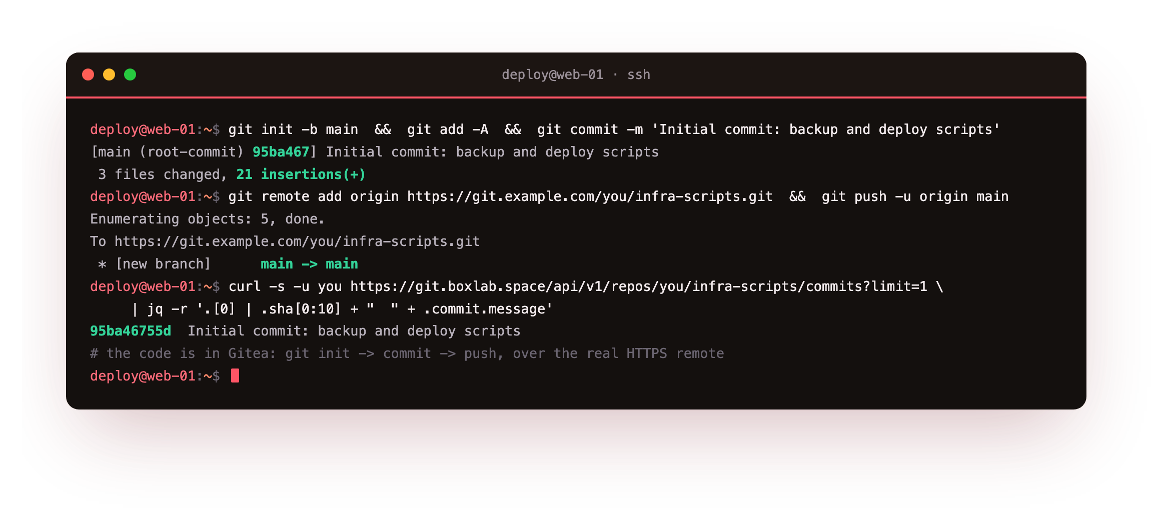 The payoff from the command line: git init, commit and push send a real repository to Gitea over the HTTPS remote, the push reports new branch main to main, and the API returns the pushed commit hash and message