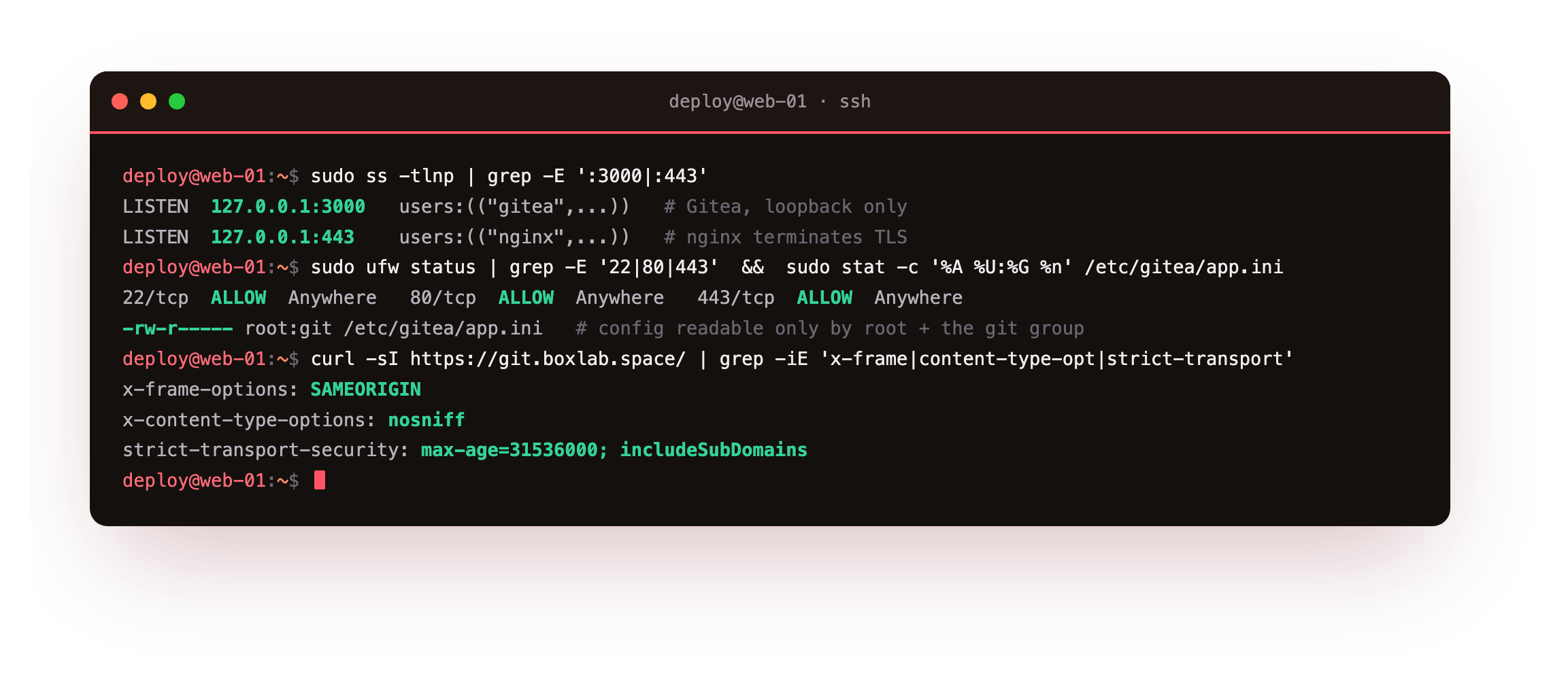 Hardening checks that pass: ss shows Gitea and nginx bound to loopback only, ufw allows just 22, 80 and 443, app.ini is mode 640 owned by root:git, and the response carries the X-Frame-Options, nosniff and HSTS security headers