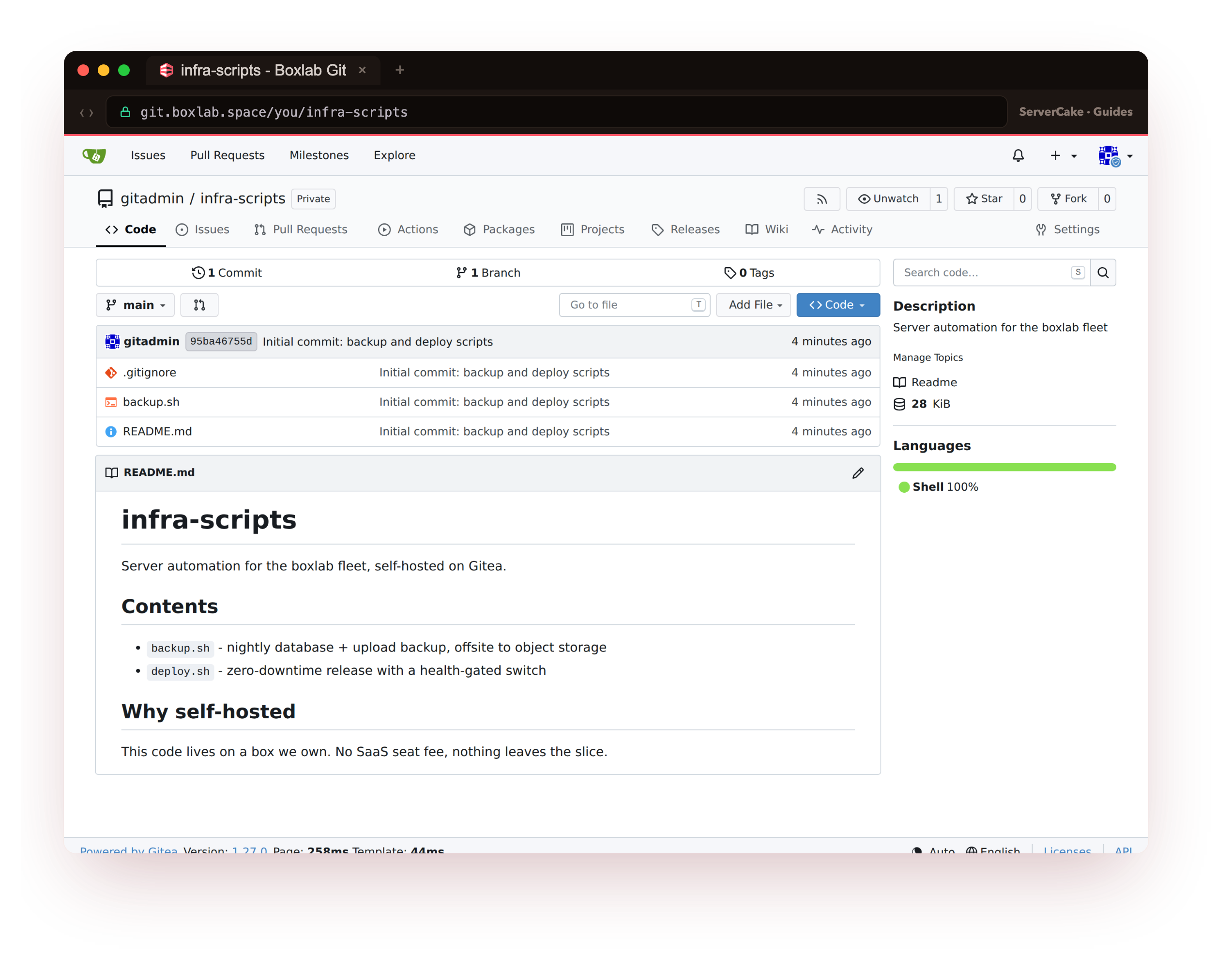 The pushed infra-scripts repository in the real Gitea 1.27.0 web UI at git.boxlab.space over real HTTPS, showing the committed files, the rendered README and the initial commit, the destination you are building toward
