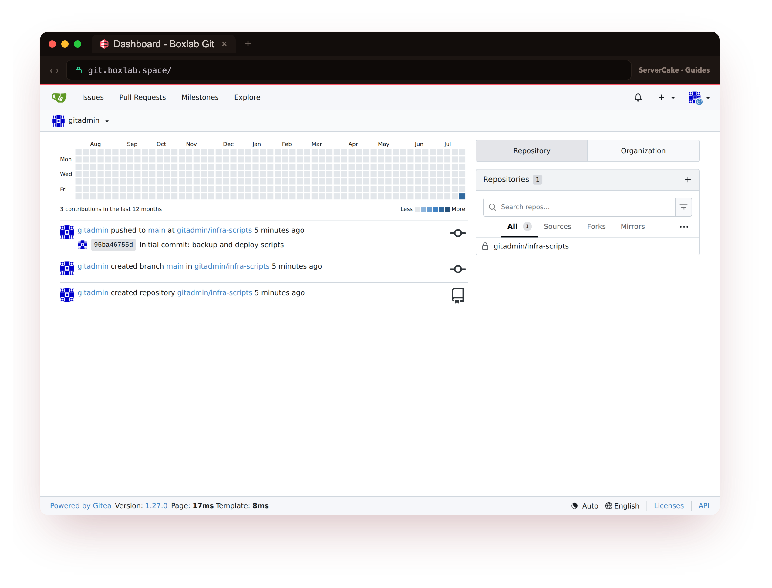 The Gitea dashboard at git.boxlab.space after signing in as the admin, showing the activity feed for the new repository and the repositories list, the overview you manage the instance from