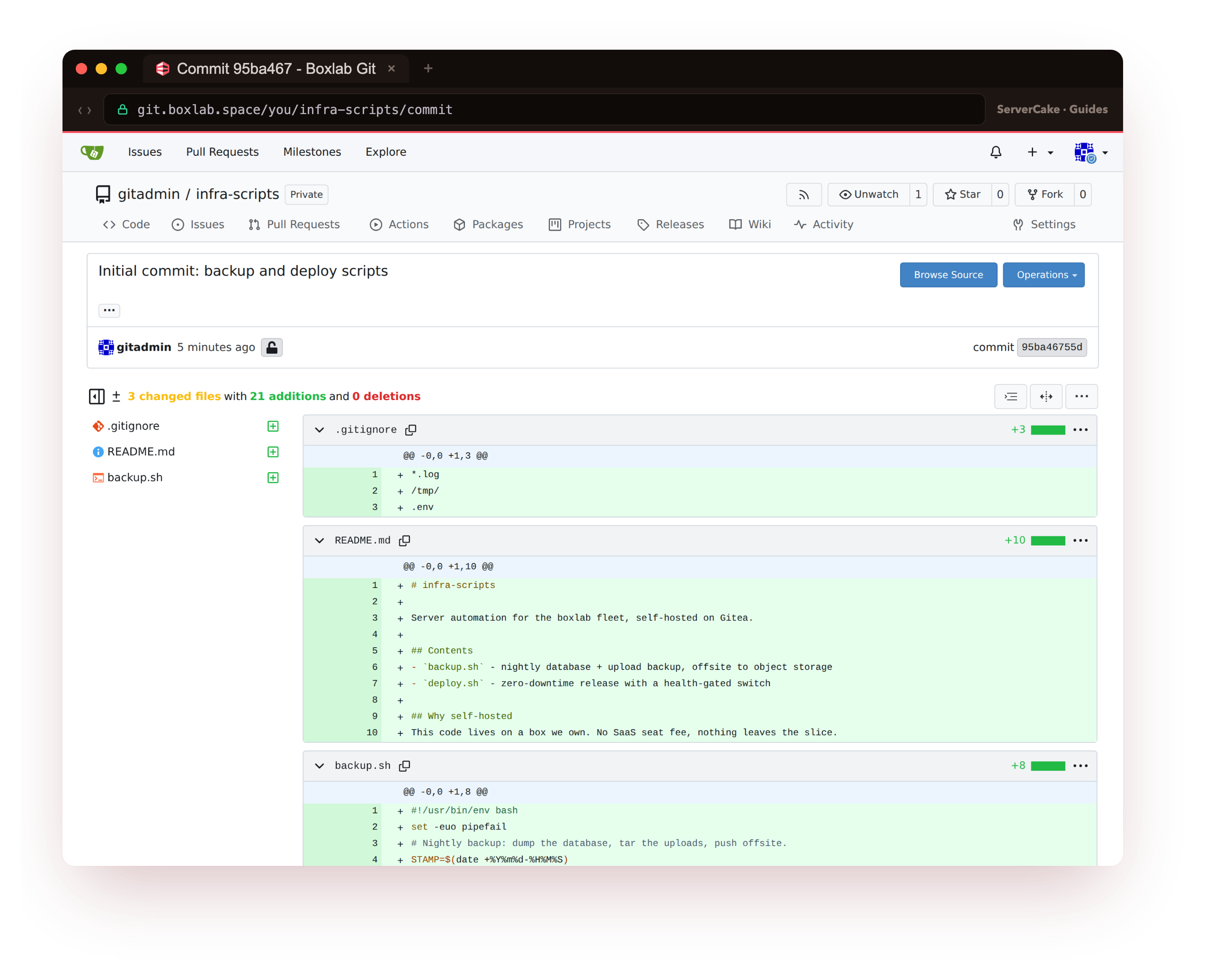 The initial commit open in the real Gitea web UI at git.boxlab.space, showing 3 changed files with 21 additions and the full diff of the pushed backup and deploy scripts, proof the code is in the instance