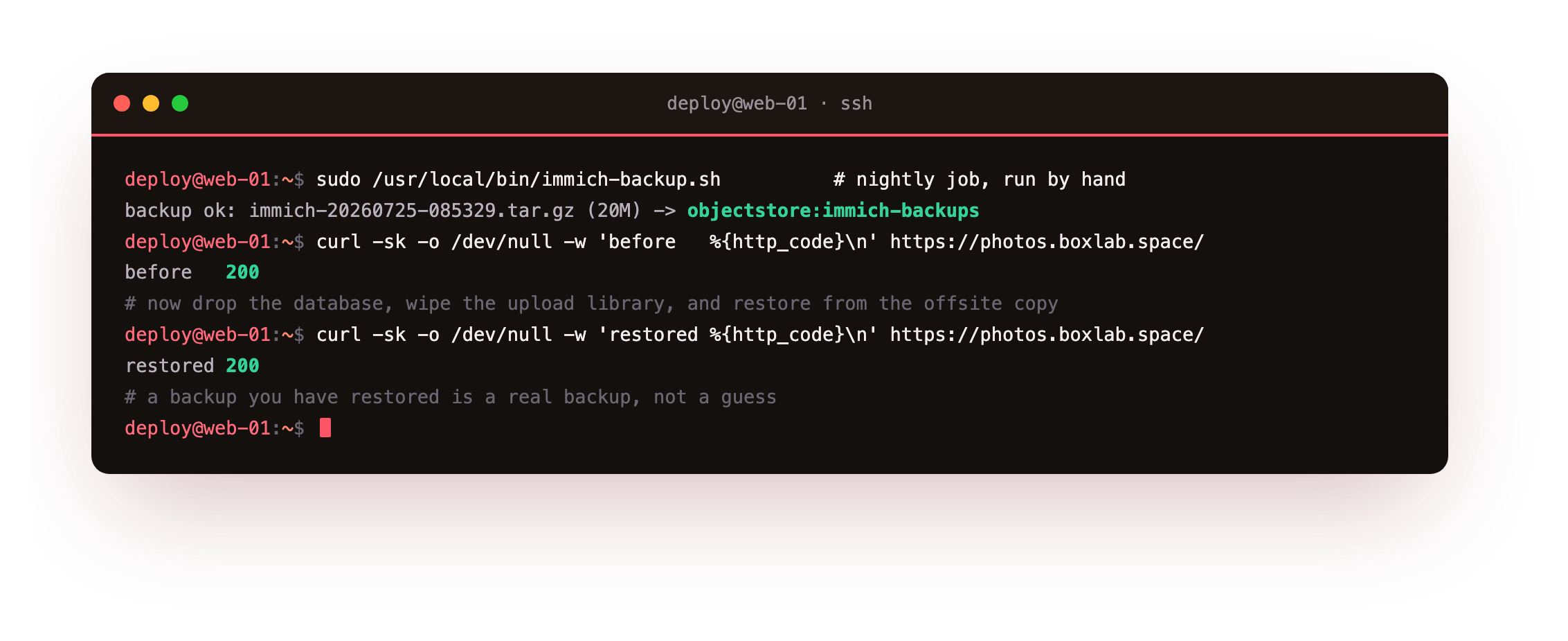 The destination proof on one slice: the backup script writes a timestamped archive and pushes it offsite, then a simulated disaster drops the database and wipes the upload library, and a restore from the offsite copy brings the front page from a broken state back to HTTP 200 with all six photos back on the timeline