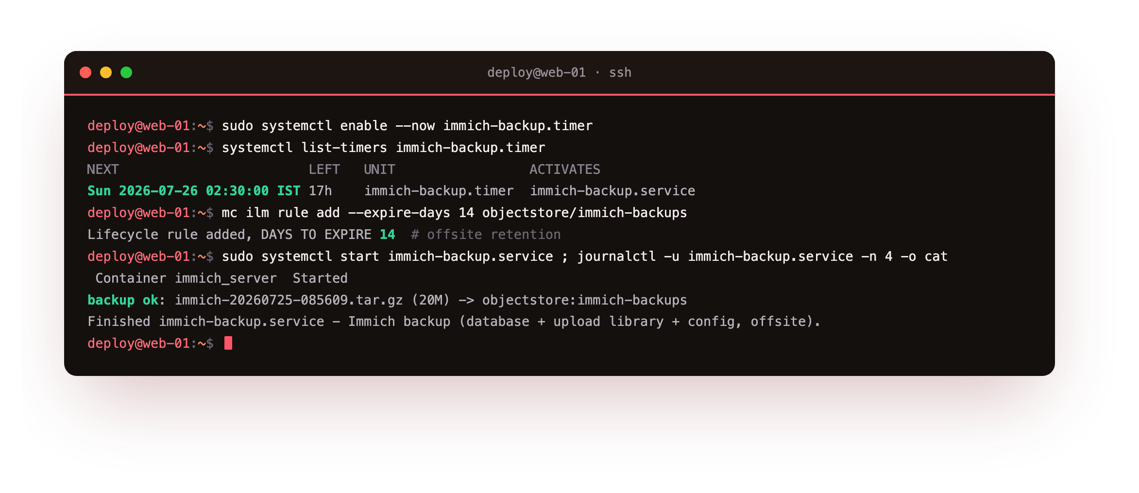 Automating the backup: a systemd timer scheduled to fire nightly at 02:30 in the low-traffic window shown by systemctl list-timers, a 14-day bucket lifecycle rule for offsite retention, and journalctl showing the service run on demand stopping the server, reporting backup ok with the archive pushed to the bucket, and finishing cleanly