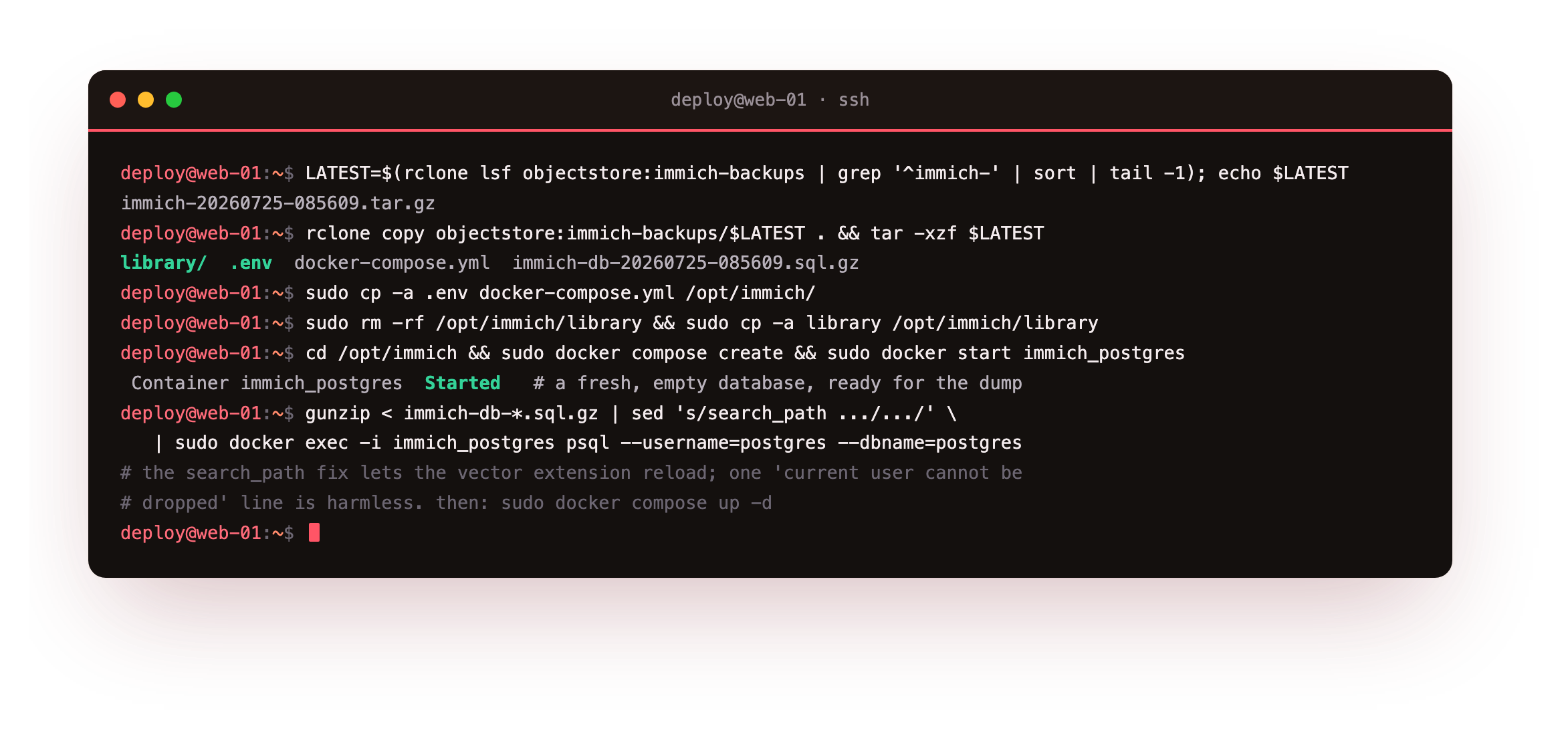 Restoring from the offsite copy: rclone pulling the newest archive out of the immich-backups bucket, tar extracting the library, the .env, the compose file and the SQL dump, then copying the config and library back, creating the containers and starting only the fresh database ready for the dump to be replayed