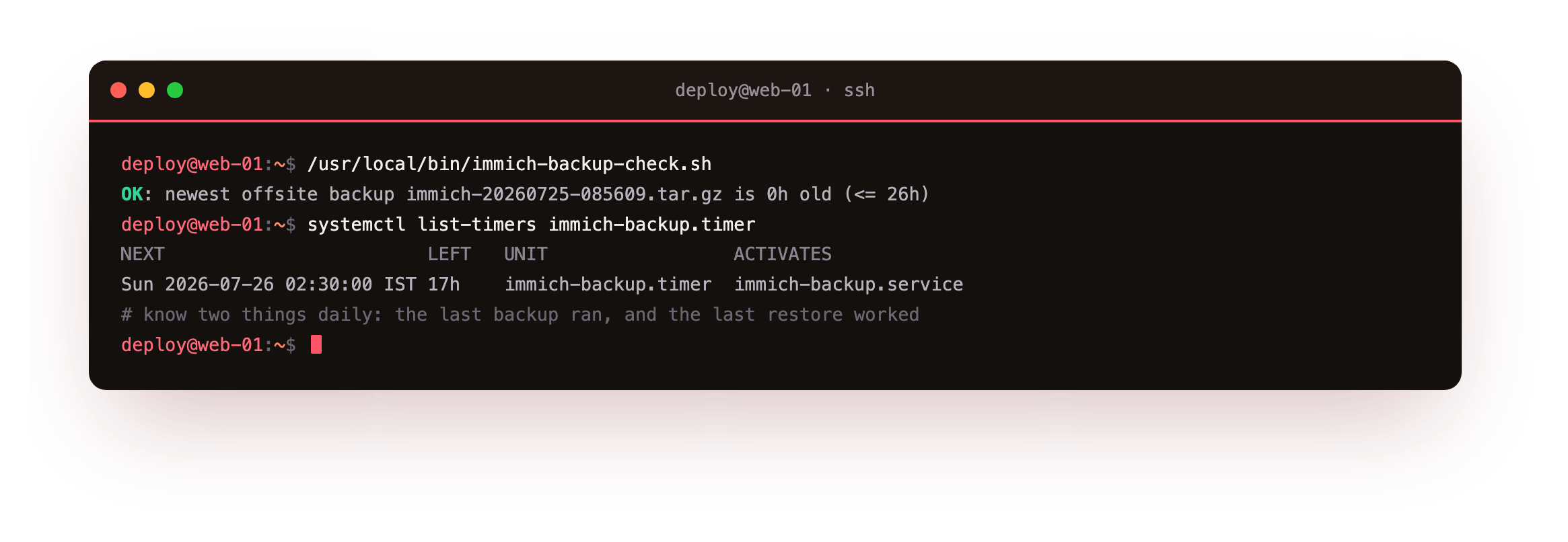 Keeping backups reliable: a freshness monitor reporting OK because the newest offsite backup is 0 hours old, the check whose non-zero exit can be wired into an existing alert so a timer that silently stopped firing becomes a page rather than a surprise