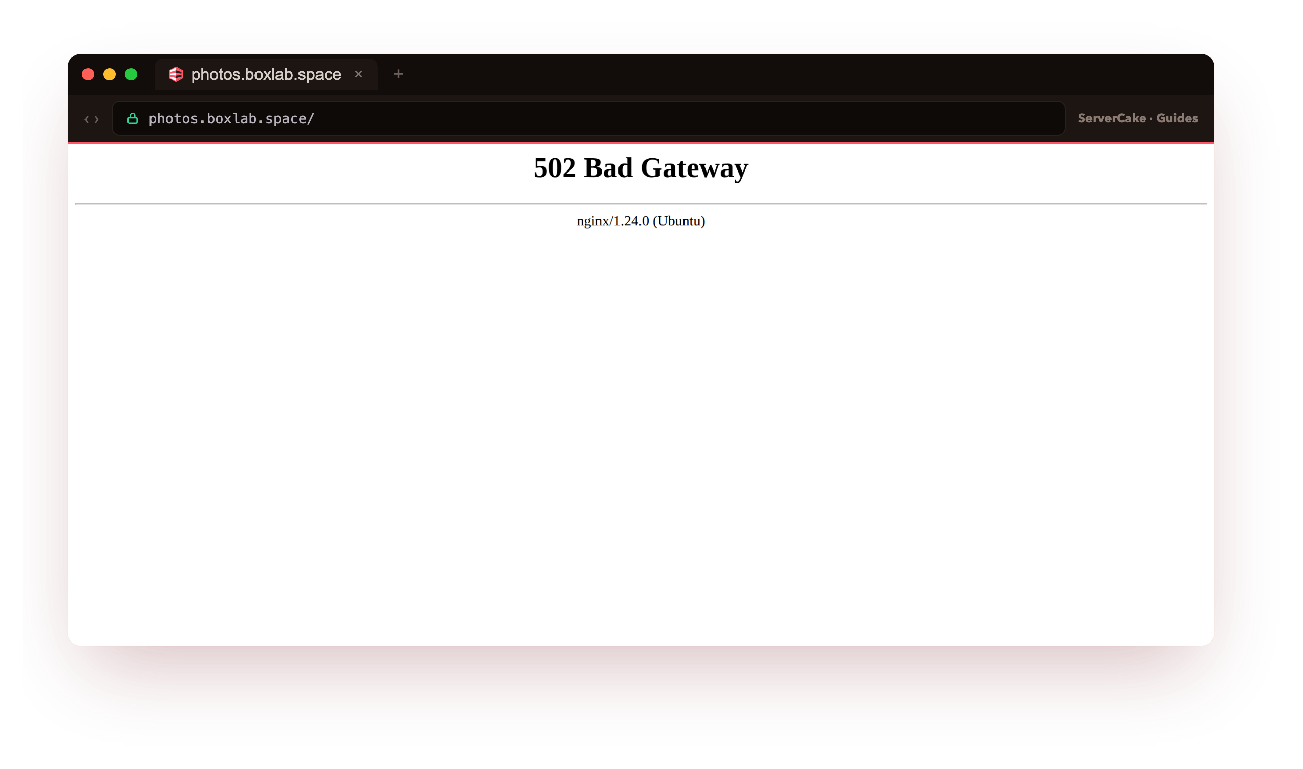 The genuine broken instance at photos.boxlab.space after the stack is taken down and the database and library are wiped: nginx returns a 502 Bad Gateway page because it has no Immich upstream to reach, exactly what a reader sees when the Immich stack is gone, the failure state the offsite backup exists to recover from, over real HTTPS