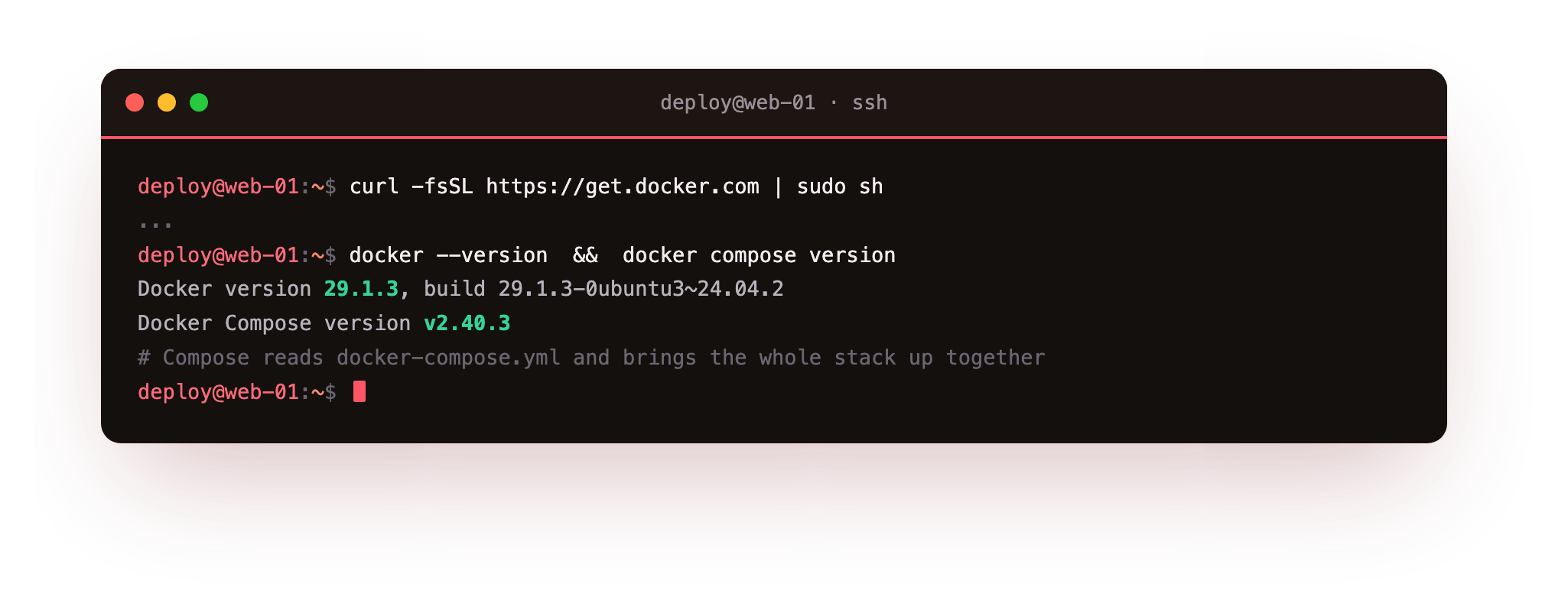 Installing Docker Engine and the Compose plugin from the official script on a bare Ubuntu 24.04 slice, then reading the versions back: Docker 29.1.3 and Docker Compose 2.40.3
