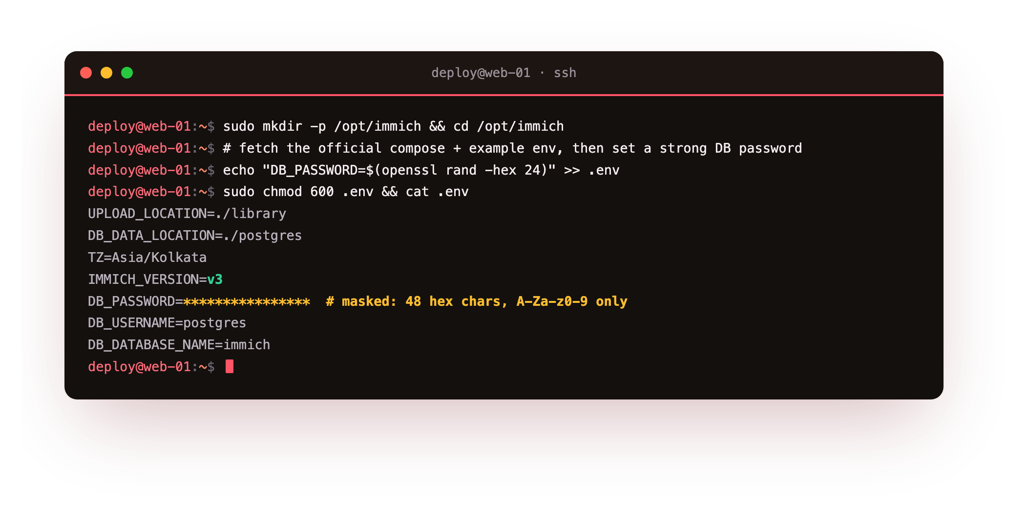 The Immich .env file: the upload and database storage locations, the pinned Immich version, and the DB_PASSWORD replaced with a strong random value and masked, the file locked to mode 600