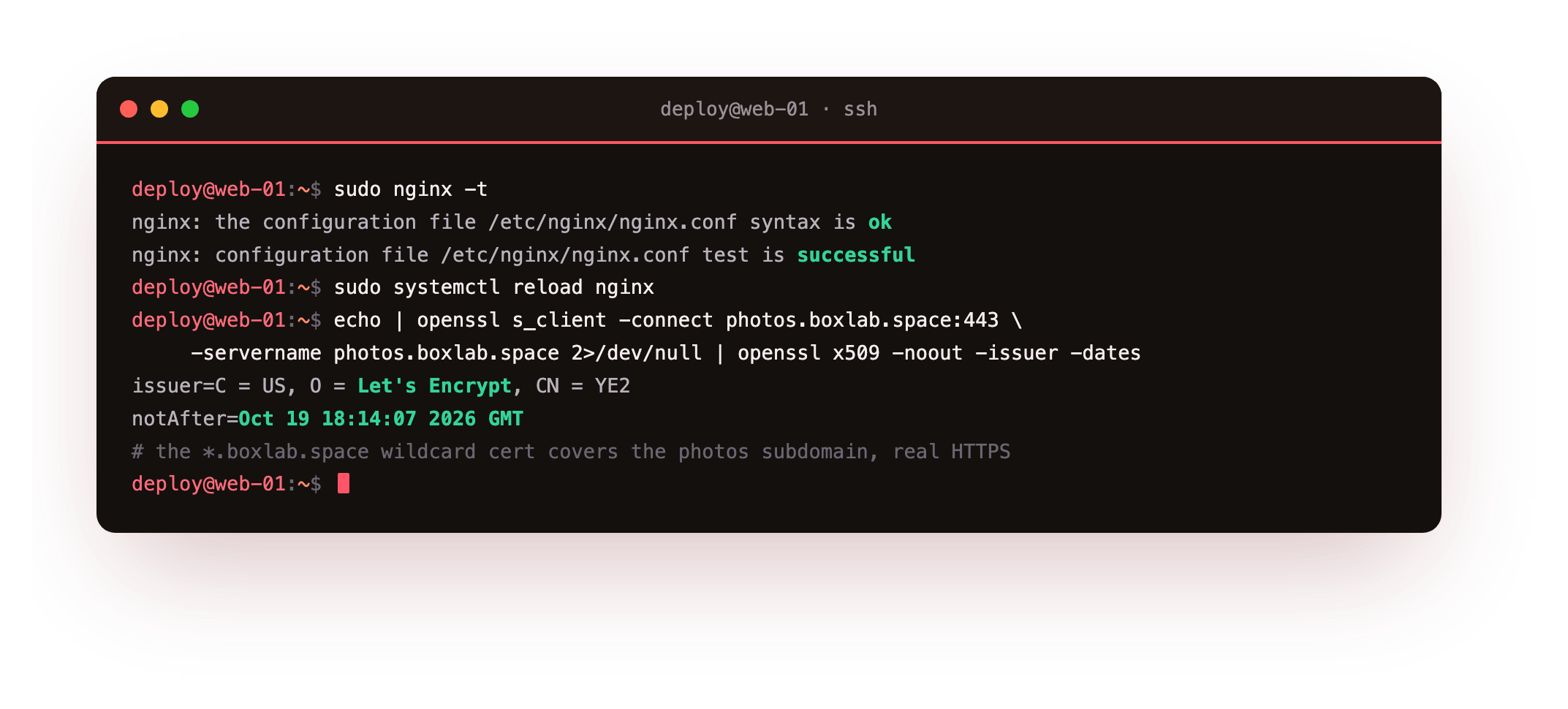 nginx -t reporting the configuration test is successful, then openssl confirming the served certificate is a real Let's Encrypt wildcard covering the photos subdomain