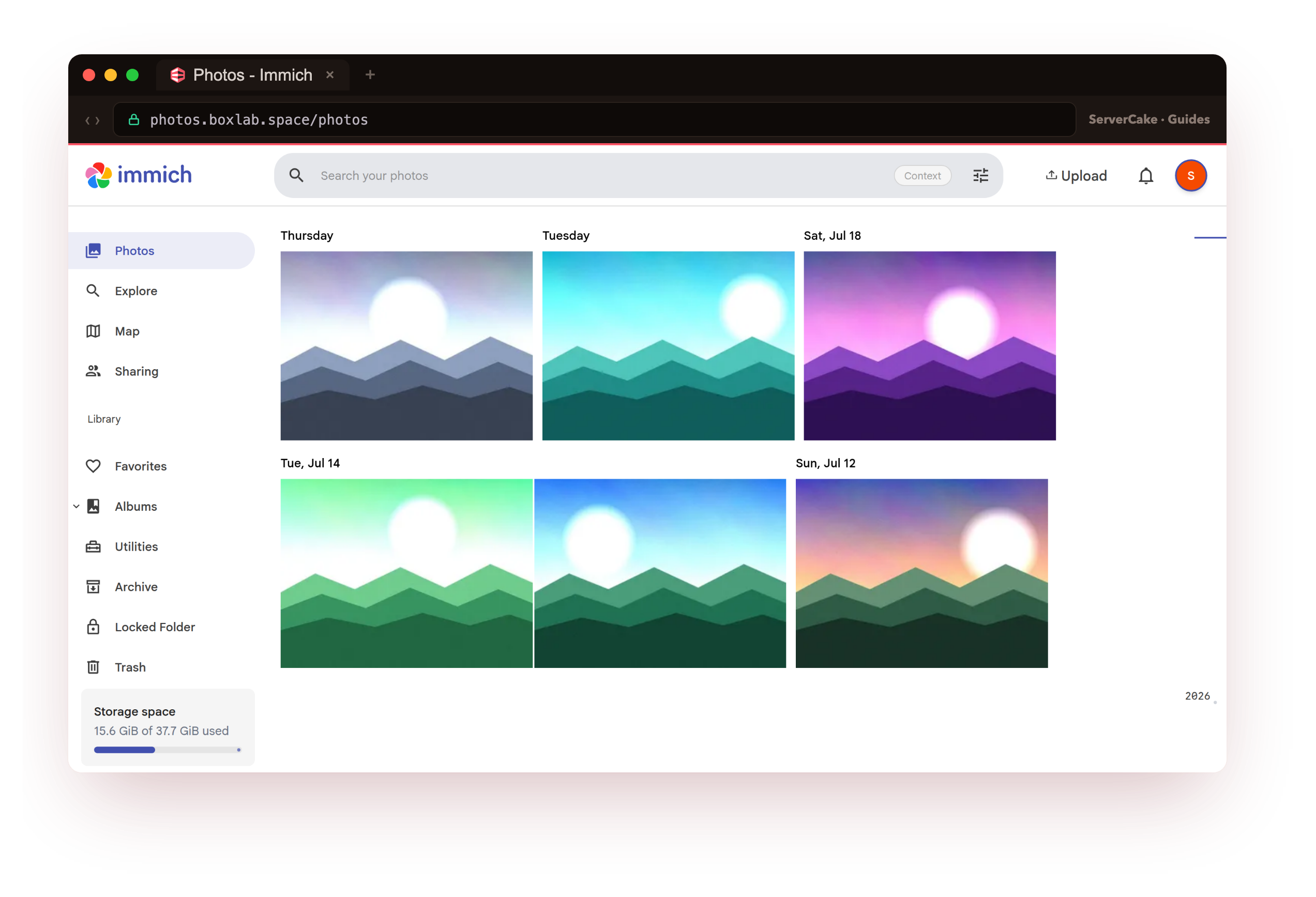 The real Immich v3.0.3 photo timeline at photos.boxlab.space over real HTTPS, six uploaded landscape photos grouped by the day they were taken, with the sidebar, search bar and storage widget, the destination you are building toward