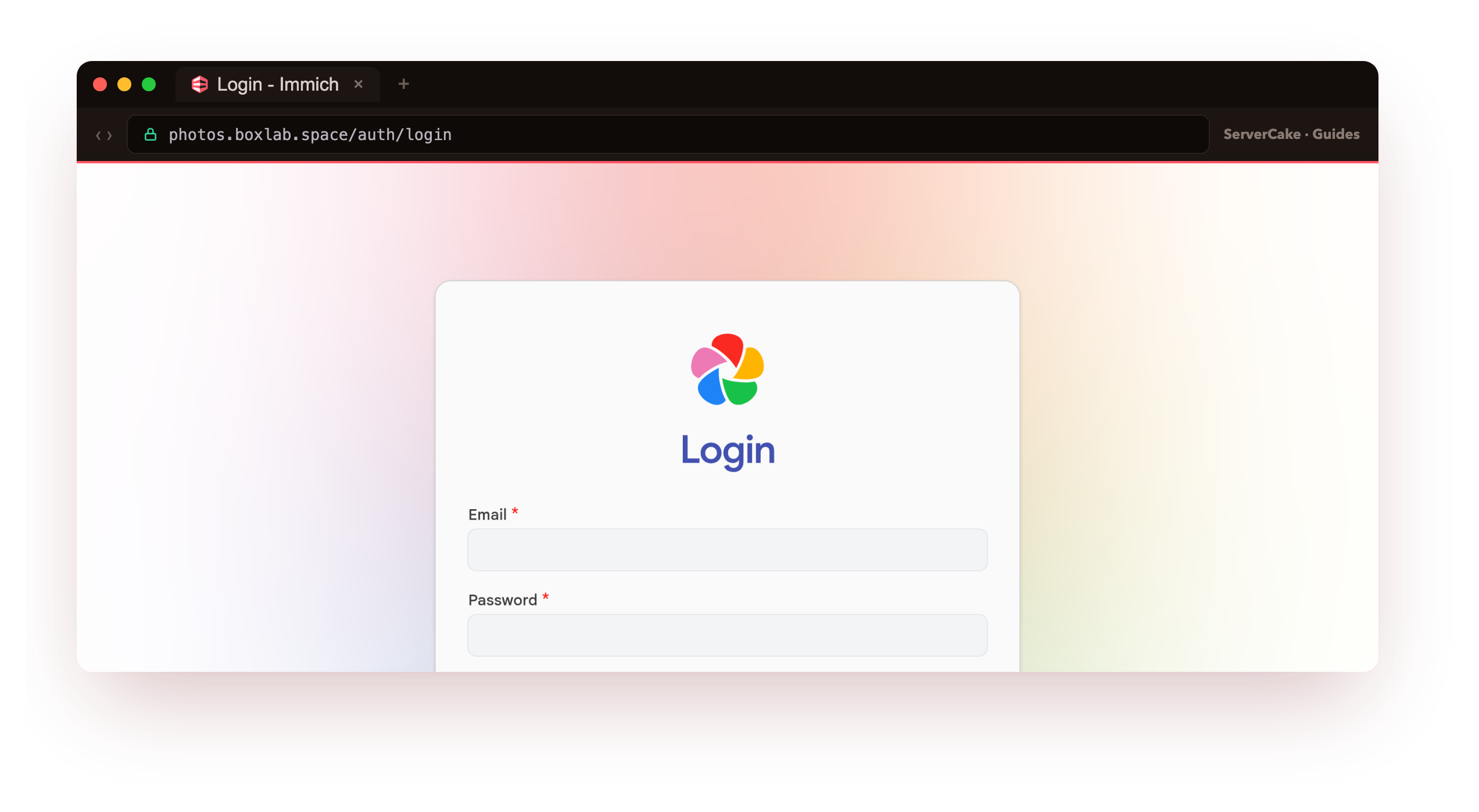 The genuine Immich sign-in page at photos.boxlab.space served over a valid padlock, framed in the ServerCake browser chrome, the screen you and your family return to after the admin account is created