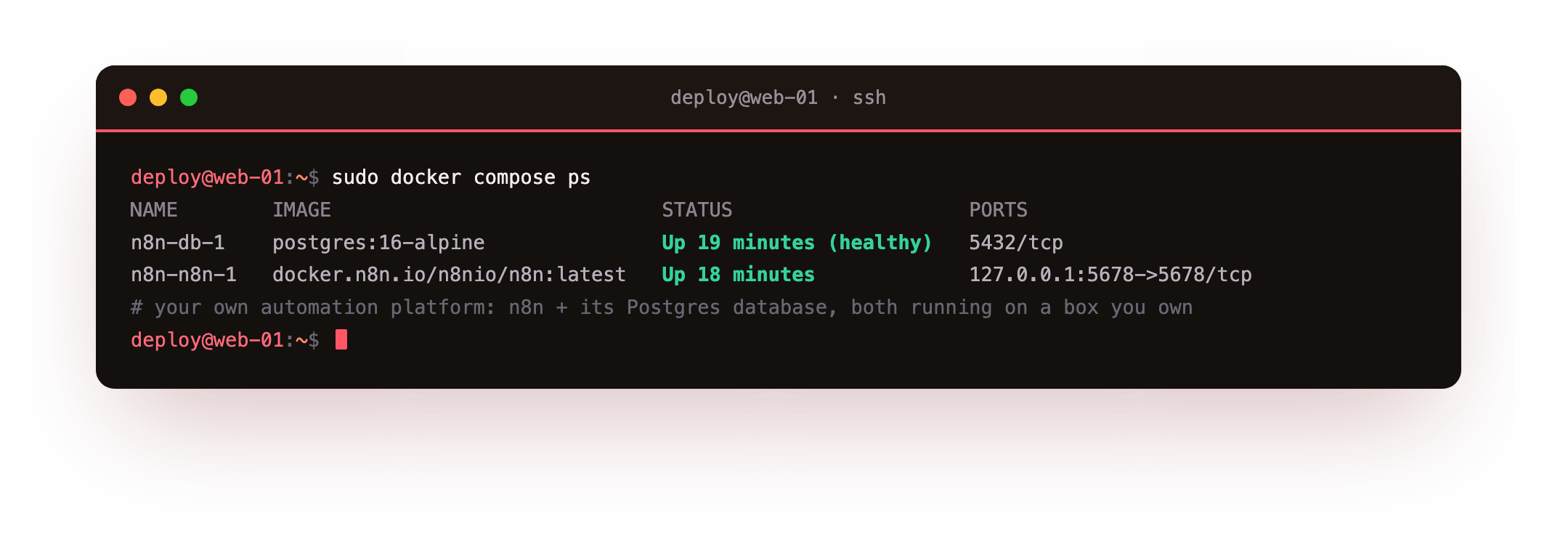 docker compose ps on the finished install showing both containers up, the n8n container and its Postgres database, the whole automation platform running on the lab slice n8n.boxlab.space