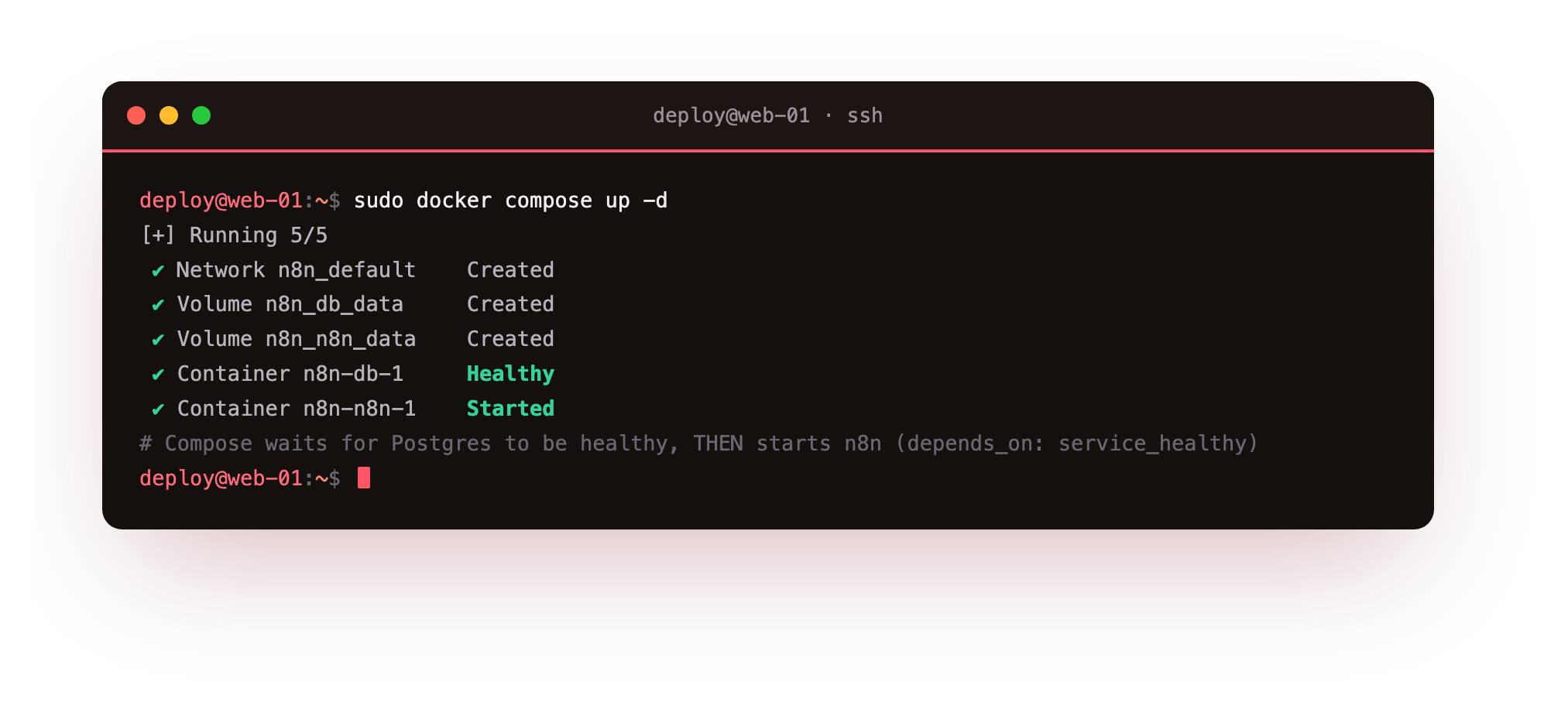 docker compose up -d pulling the n8n and postgres:16-alpine images, creating the named volumes and network, waiting for Postgres to report healthy, then starting n8n