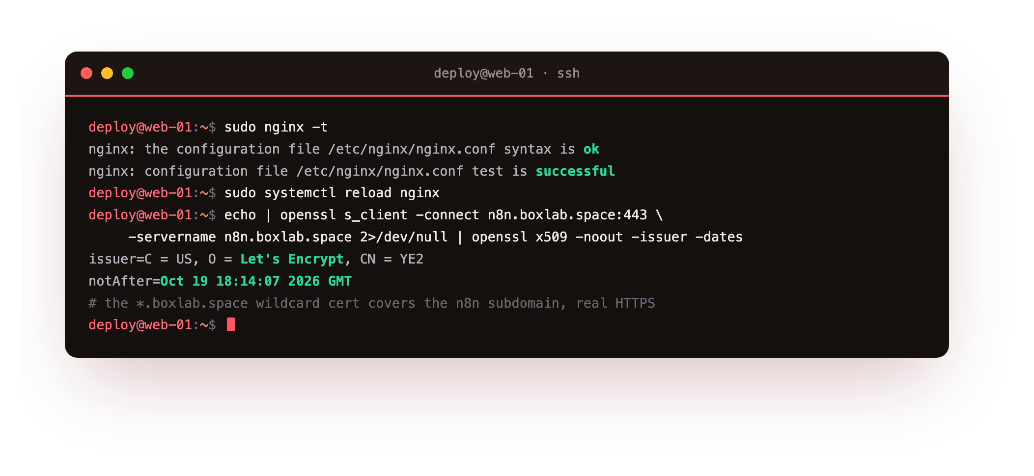 nginx -t reporting the configuration test is successful, then openssl confirming the served certificate is a real Let's Encrypt wildcard covering the n8n subdomain