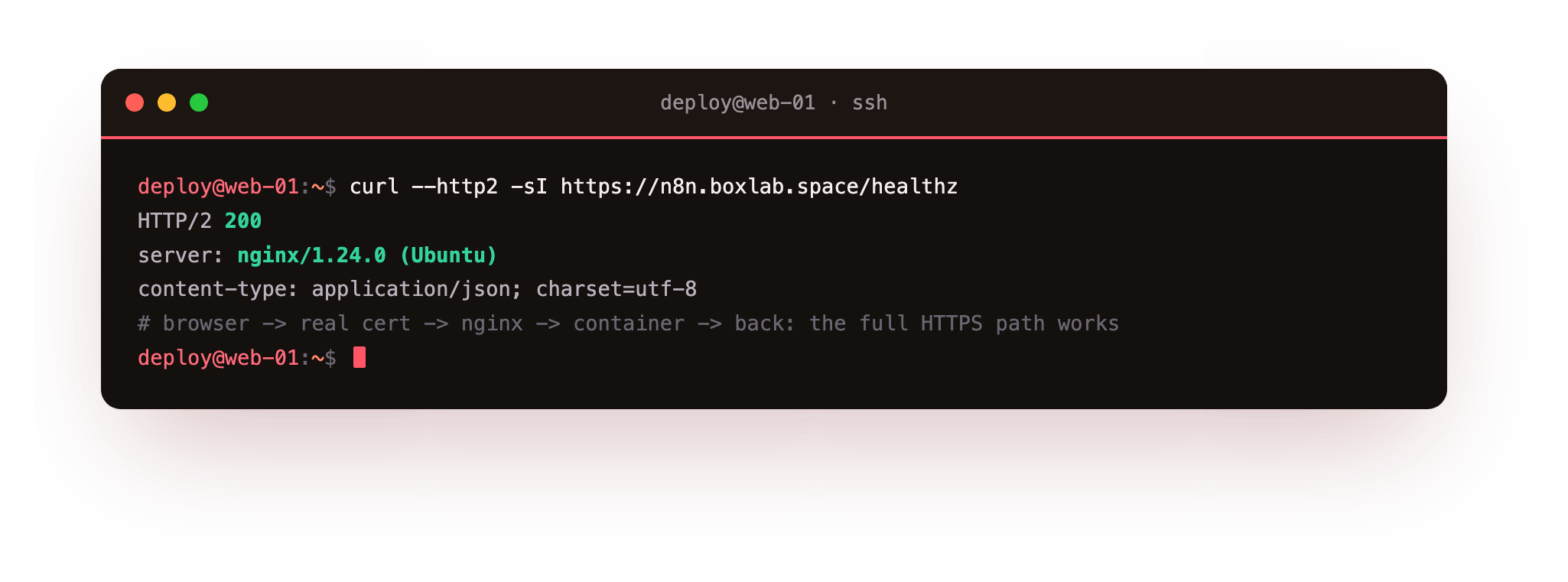 curl over HTTP/2 returning 200 from https://n8n.boxlab.space through nginx into the container, proving the full HTTPS path works over the real certificate