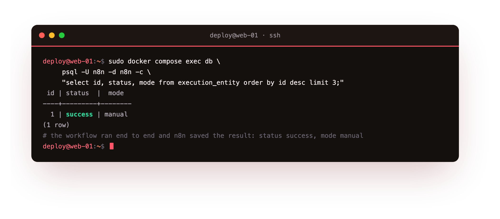 Confirming the workflow ran by querying the Postgres execution_entity table directly: the newest row shows status success and mode manual, proof the execution was saved