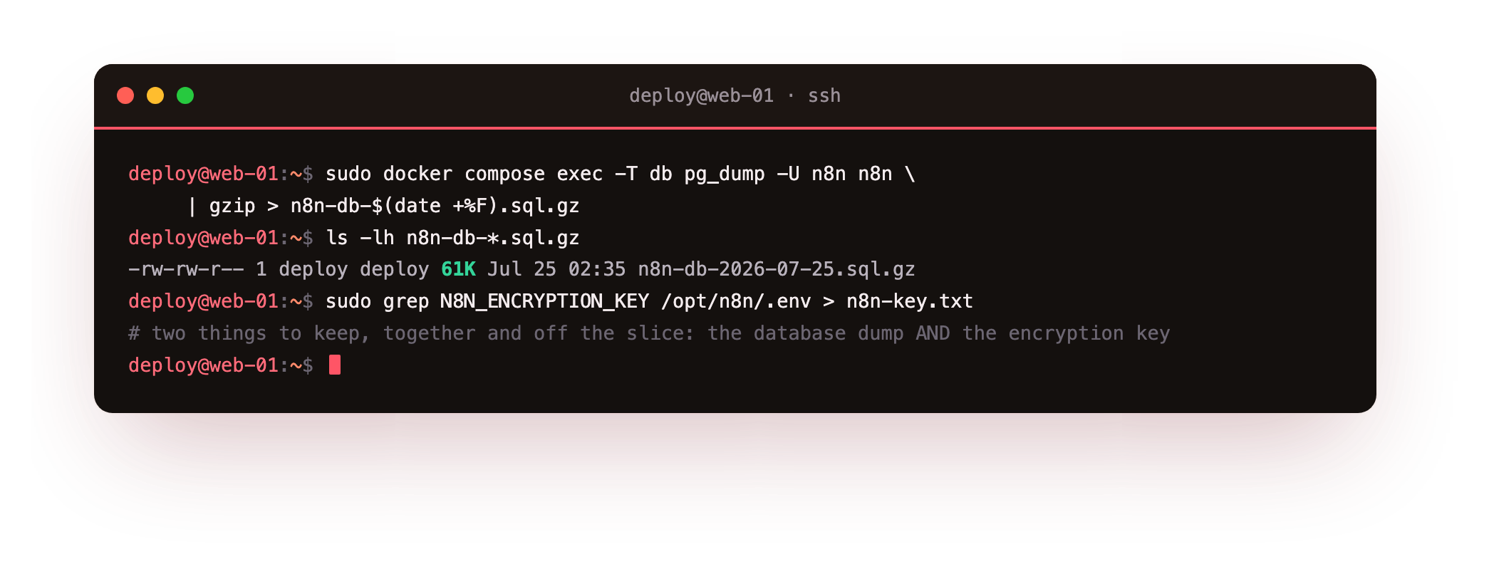 Backing up the two things that matter: pg_dump of the n8n Postgres database piped to a gzip archive, and the N8N_ENCRYPTION_KEY copied out beside it, both to be moved off the slice